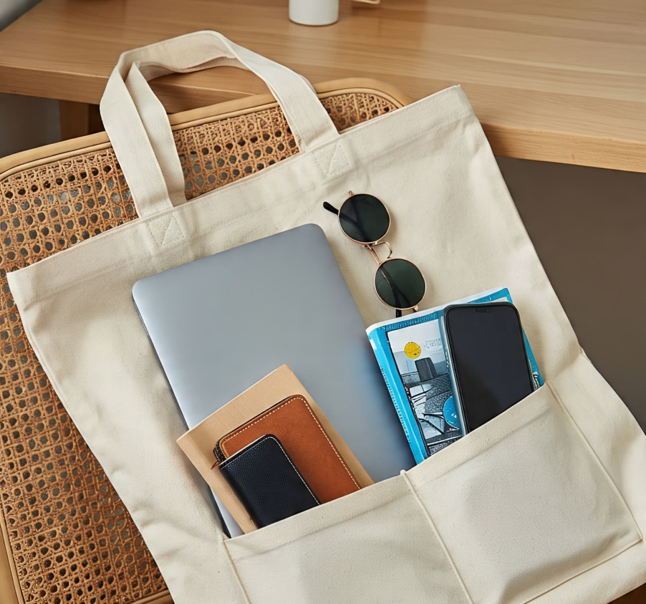 A cream-colored tote bag placed on a chair, holding a laptop, a wallet, notebooks, a phone, and a pair of round sunglasses.