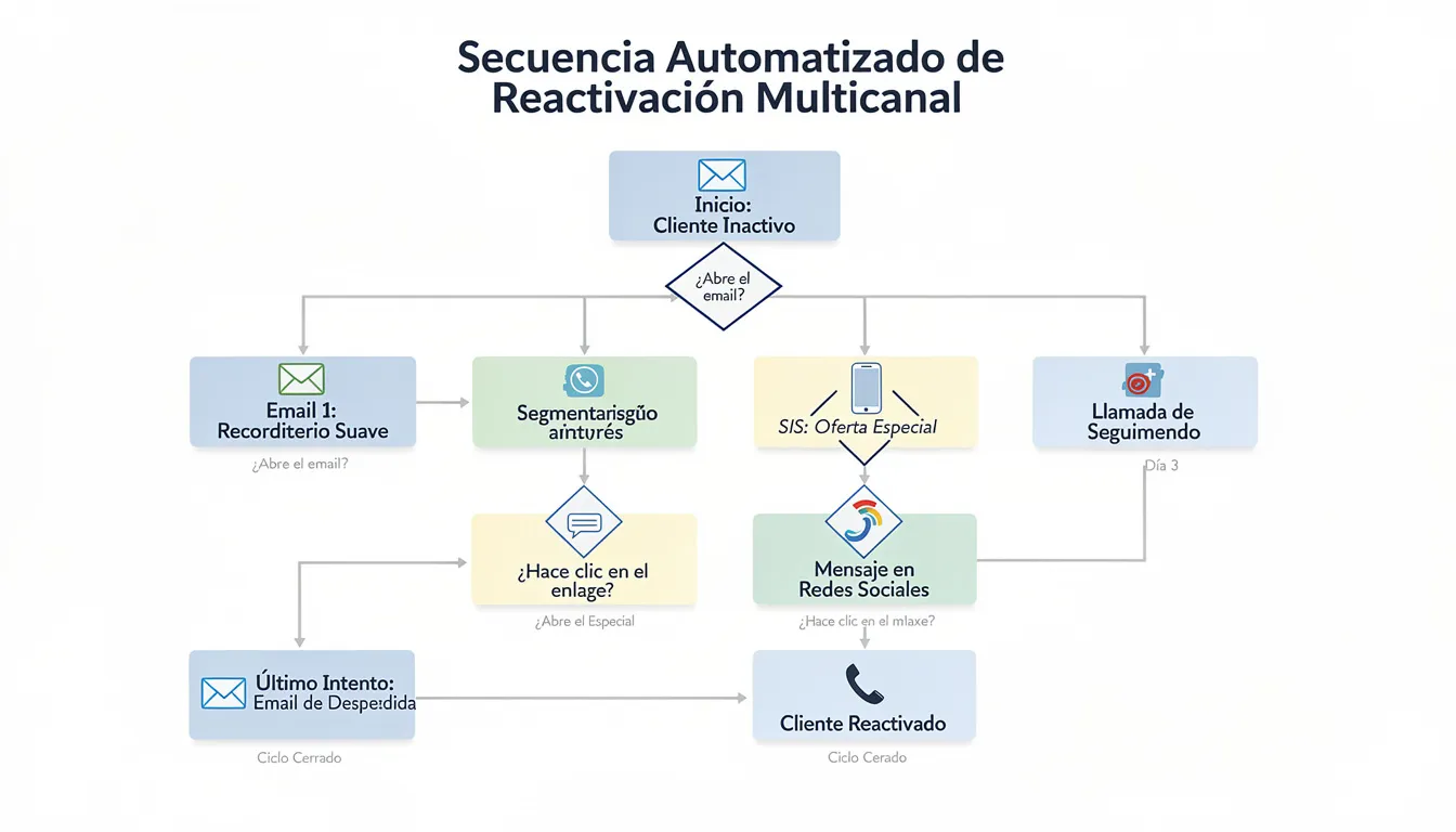Diagrama de flujo que ilustra una estrategia de automatización para enviar mensajes multi-canal a clientes inactivos, con el fin de reactivarlos y mejorar la retención de clientes mediante el uso de inteligencia artificial. Este proceso incluye interacciones a través de correo electrónico y redes sociales, optimizando la recuperación de clientes y aumentando las oportunidades de conversión para las empresas.