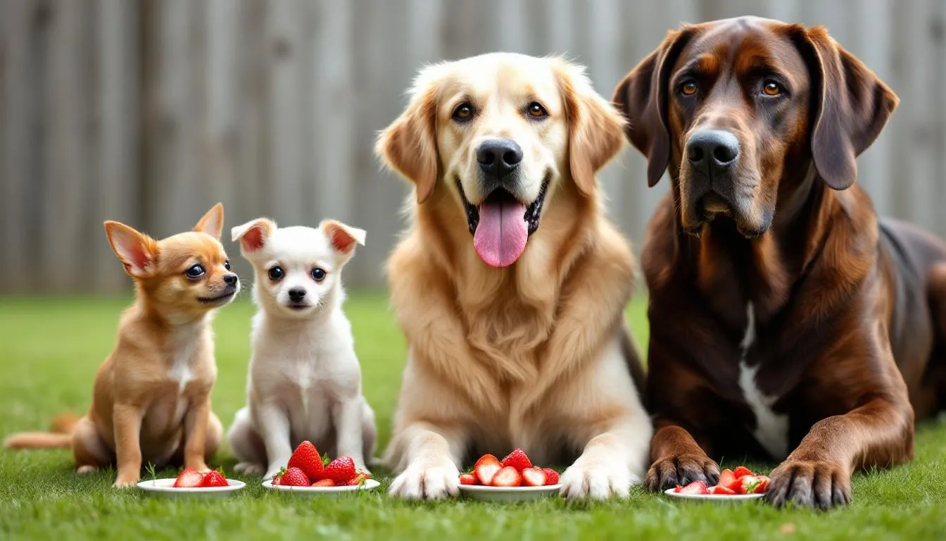 In the image, a variety of dogs of different sizes are happily enjoying appropriately portioned pieces of strawberries, highlighting the idea that dogs can eat strawberries as a safe and healthy treat. The bite-sized chunks are perfect for their dog