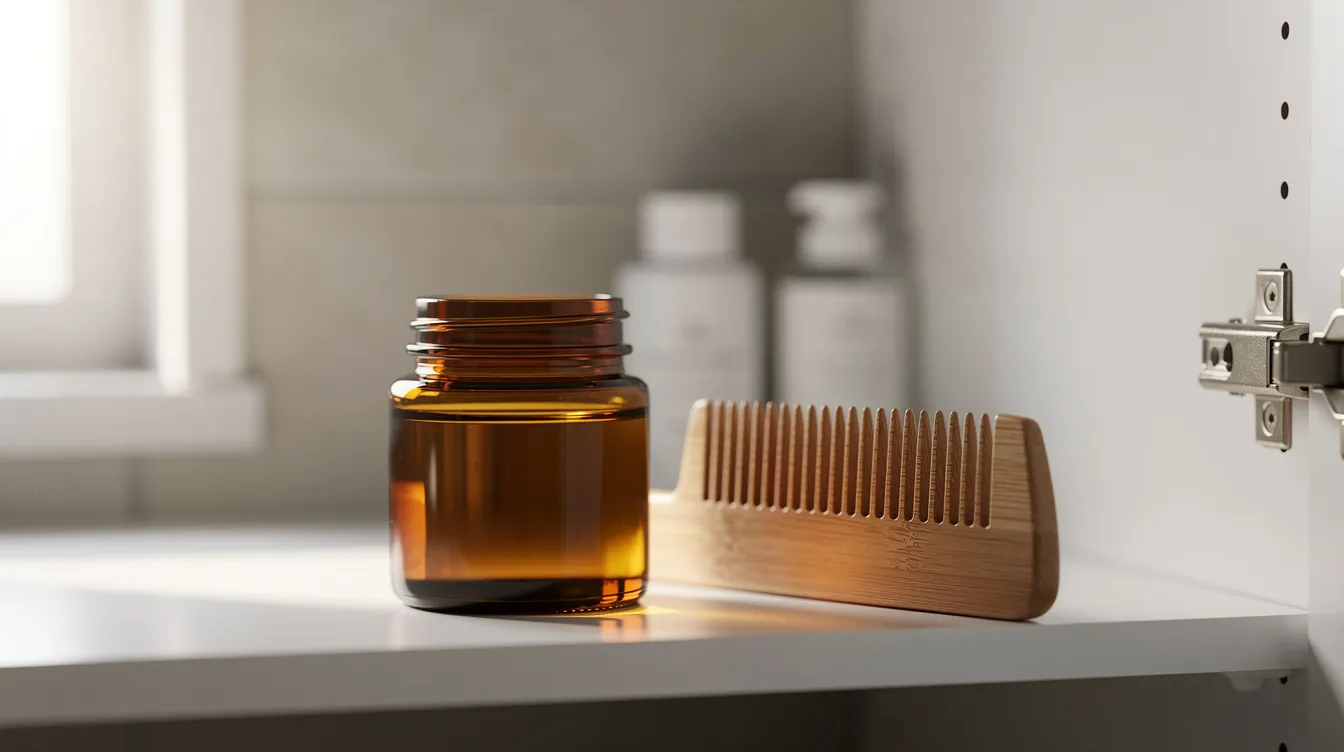 A small amber jar of batana hair oil sits in a bathroom cabinet next to a wooden comb, highlighting its role in a hair care routine aimed at promoting hair growth and nourishing damaged hair. The earthy scent of the natural oil suggests its rich, nutrient-packed formula, ideal for enhancing scalp and hair health.