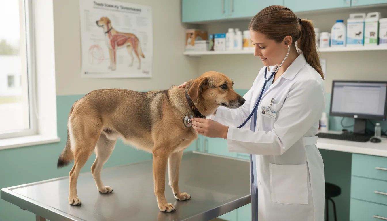 Na zdjęciu widoczny jest pies, który jest badany stetoskopem przez weterynarza w gabinecie. Weterynarz sprawdza stan zdrowia układu oddechowego psa, co może być istotne w przypadku rozpoznania astmy lub innych chorób układu oddechowego.