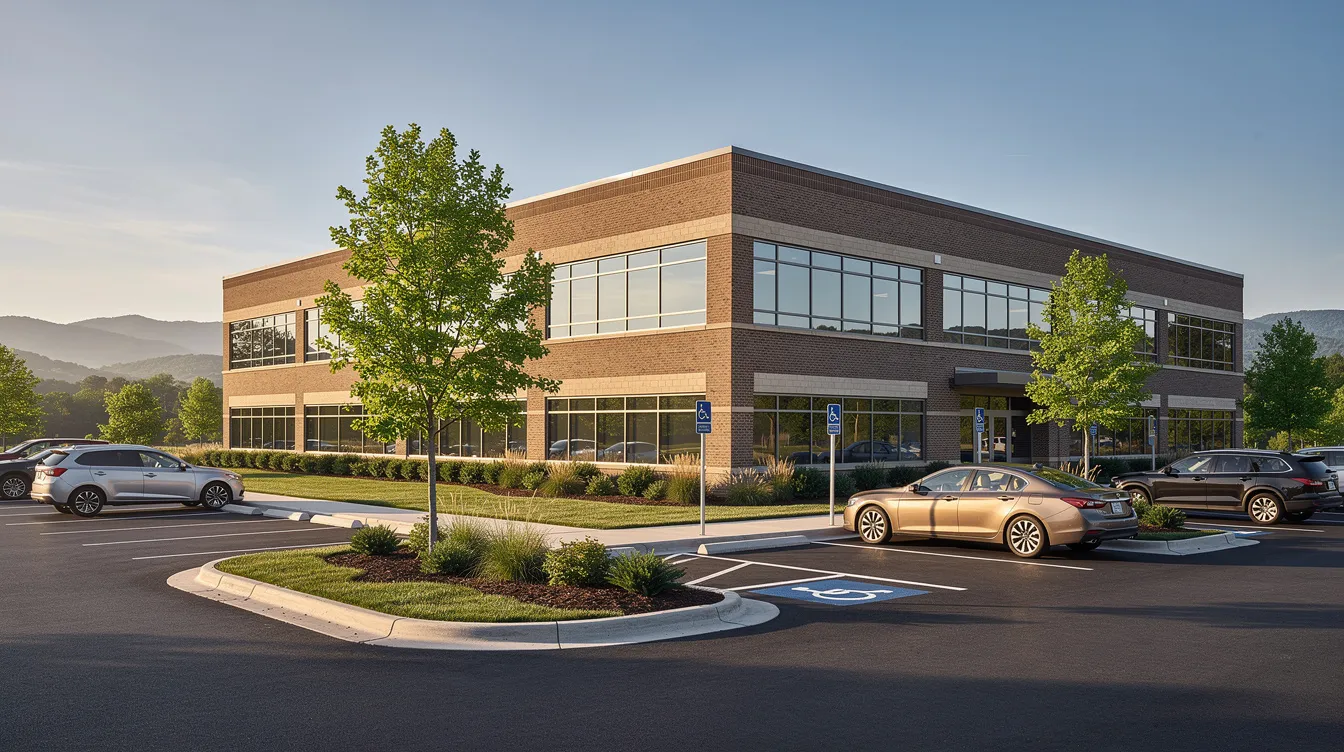 The image depicts a modern commercial office building exterior surrounded by a well-maintained parking lot and lush green landscaping, typical of East Tennessee. This setting reflects the interests of commercial landlords and tenants, emphasizing the importance of clear understanding in commercial lease agreements.