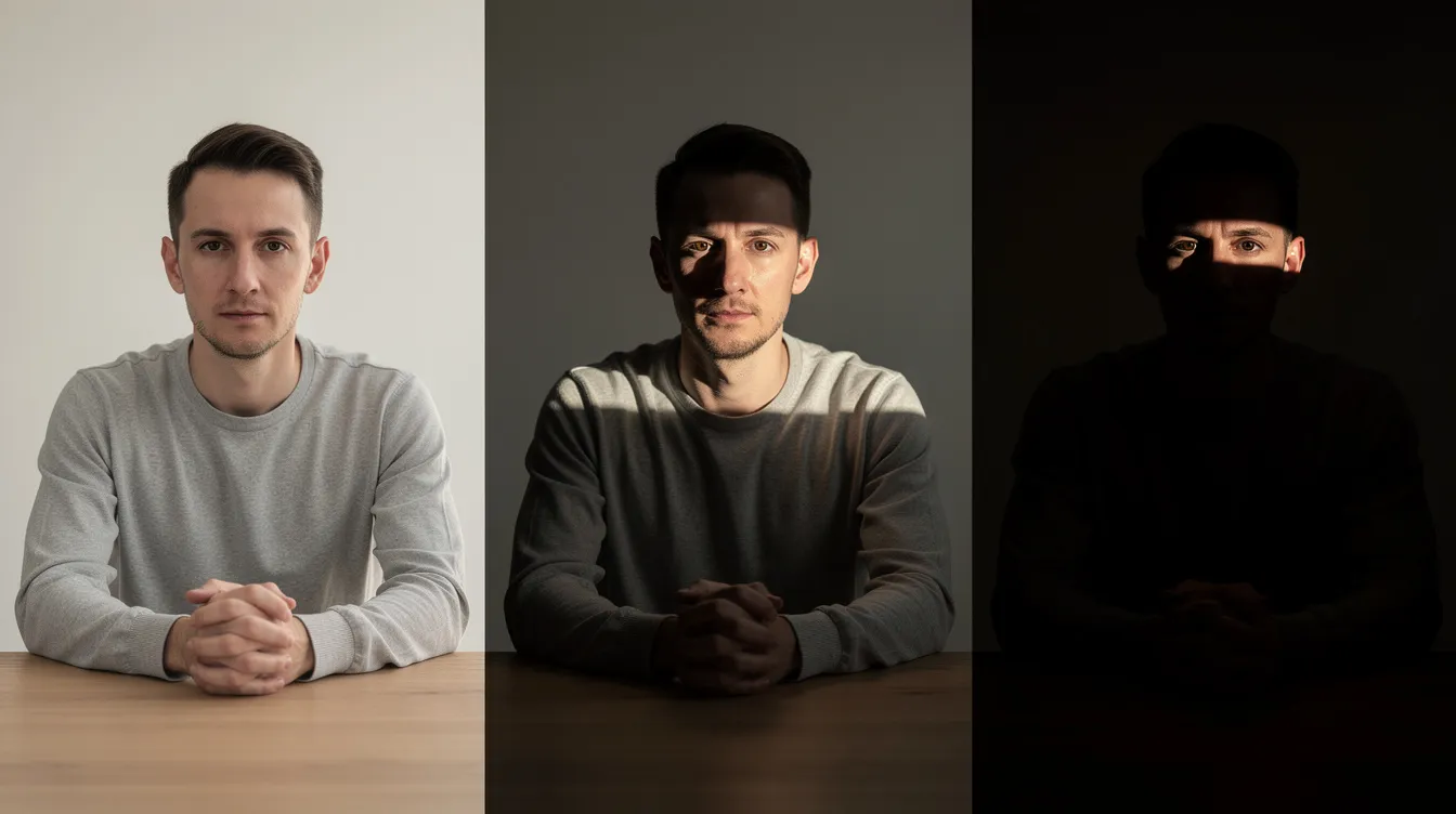 Das Bild zeigt drei nebeneinander angeordnete Fotografien einer Person, die an einem Tisch sitzt. Im ersten Bild ist die Lichtsetzung hell und gleichmäßig, im zweiten Bild erzeugen moderate Schatten eine interessante Lichtstimmung, während das dritte Bild fast vollständig in Dunkelheit gehüllt ist, nur ein schmaler Lichtstreifen beleuchtet das Gesicht der Person.