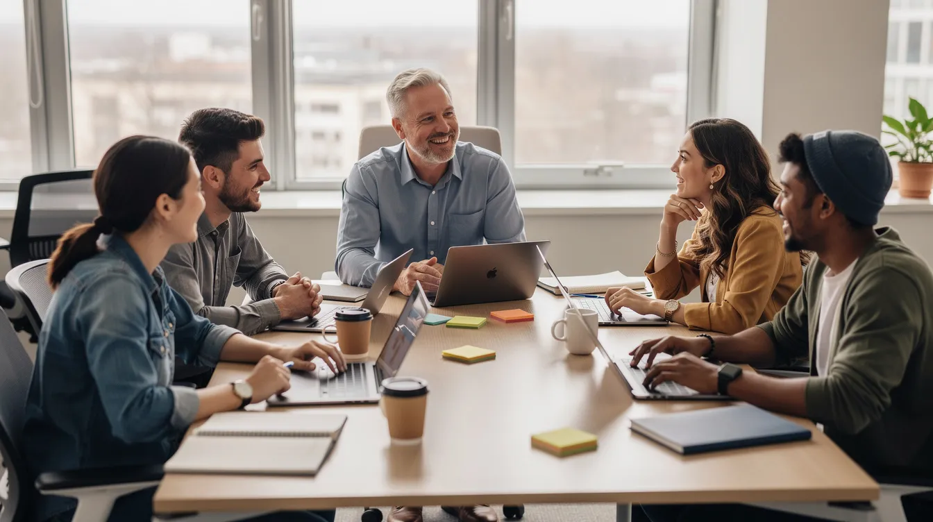 The image depicts students and mentors engaged in a casual discussion in a workplace setting, focusing on career interests and project tasks. This collaborative environment highlights the importance of mentorship in internship programs, as they share actionable insights and support future employees in their professional development.