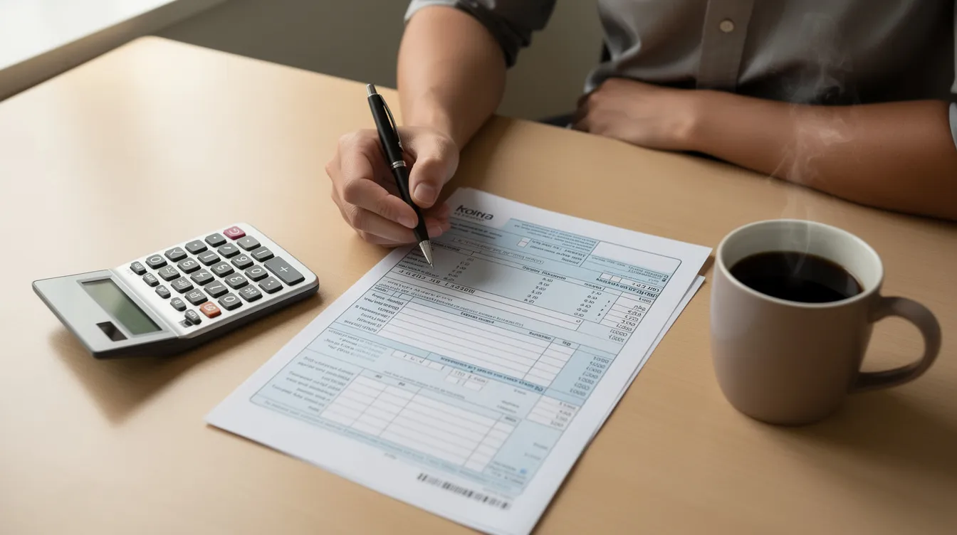A person is reviewing tax documents on a desk, equipped with a calculator and a steaming cup of coffee, highlighting the importance of proactive tax planning. The scene captures the essence of managing financial goals and preparing for tax returns, emphasizing the need to plan ahead to minimize the tax burden.
