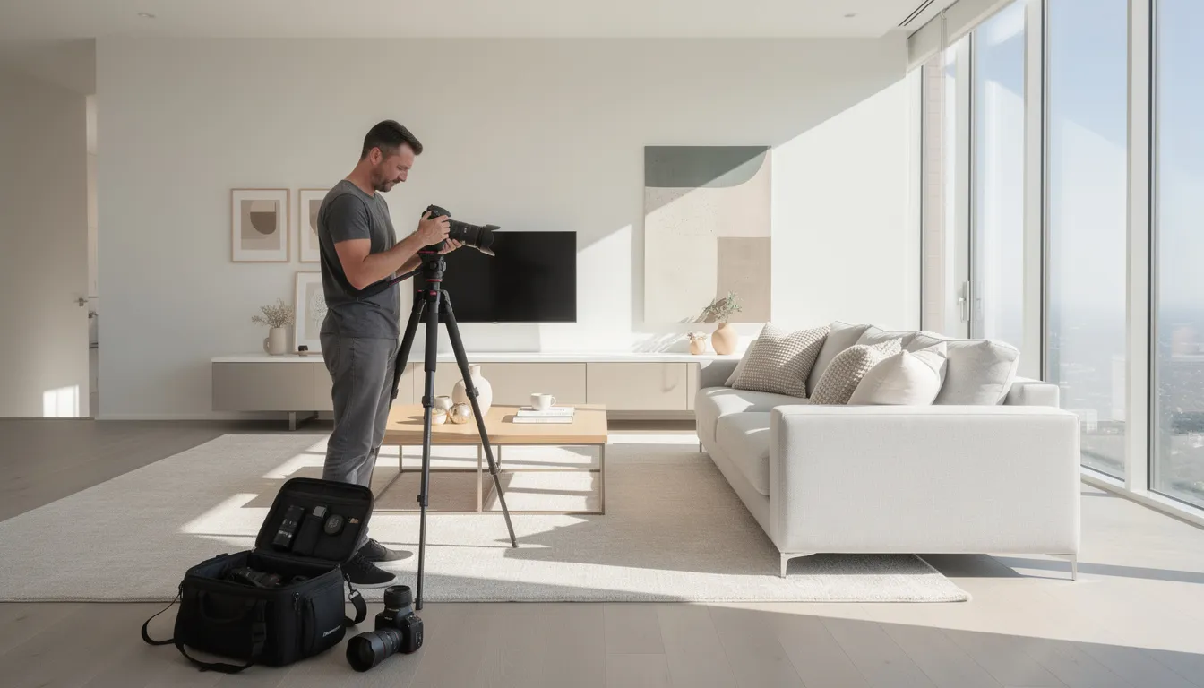 A professional real estate photographer is setting up camera equipment in a bright, modern living room, showcasing its unique features and stylish furniture. This scene emphasizes the importance of professional photography in the Connecticut real estate market, aimed at attracting potential buyers during the home buying process.