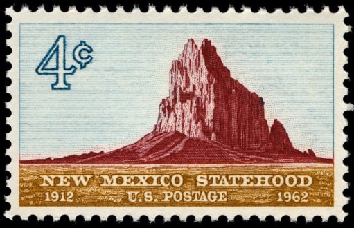 Shiprock as portrayed on a U.S. postage stamp in 1962. Public domain image.