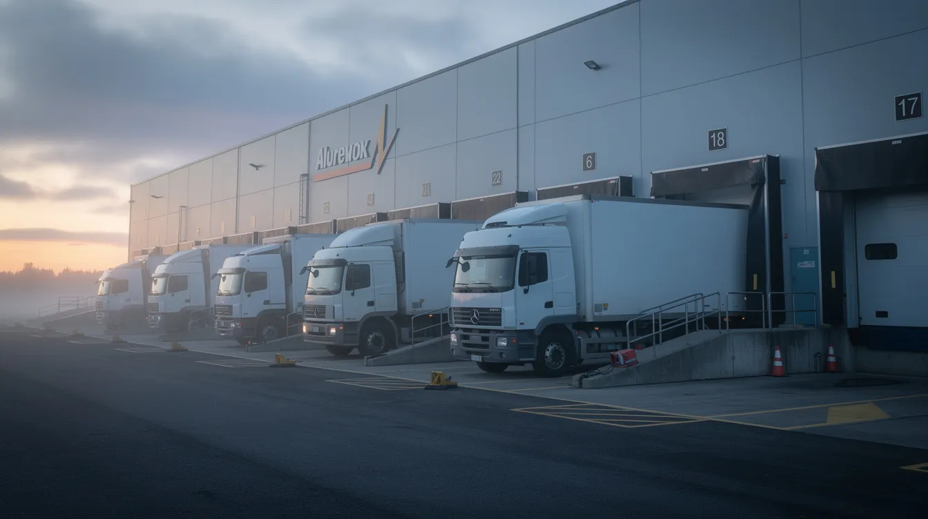 ba316fea 8093 4606 a067 7394d6be4596 The image depicts refrigerated trucks parked at a cold storage loading dock during the early morning, ready for the transportation of fresh milk and dairy products. This scene highlights the crucial role of logistics in the dairy farming sector, ensuring efficient milk processing and distribution for food security.