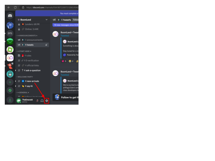 A close of image highlighting the user settings button on the Discord desktop interface.
