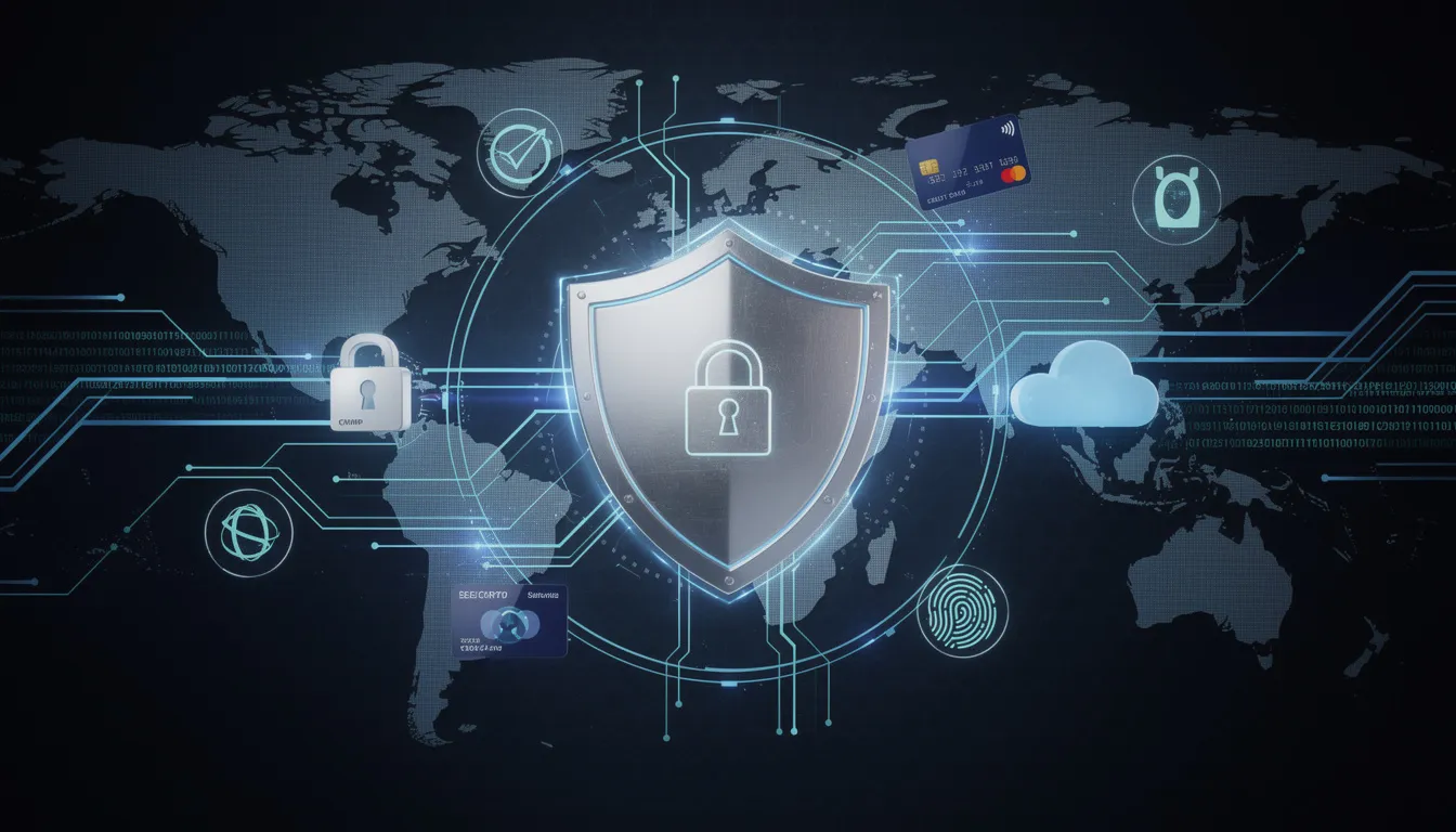 The image depicts a cybersecurity shield prominently positioned at the center, symbolizing protection for sensitive payment data. Surrounding the shield are various security elements, emphasizing the importance of secure online payment processing and fraud protection in safeguarding customers' financial information during transactions.
