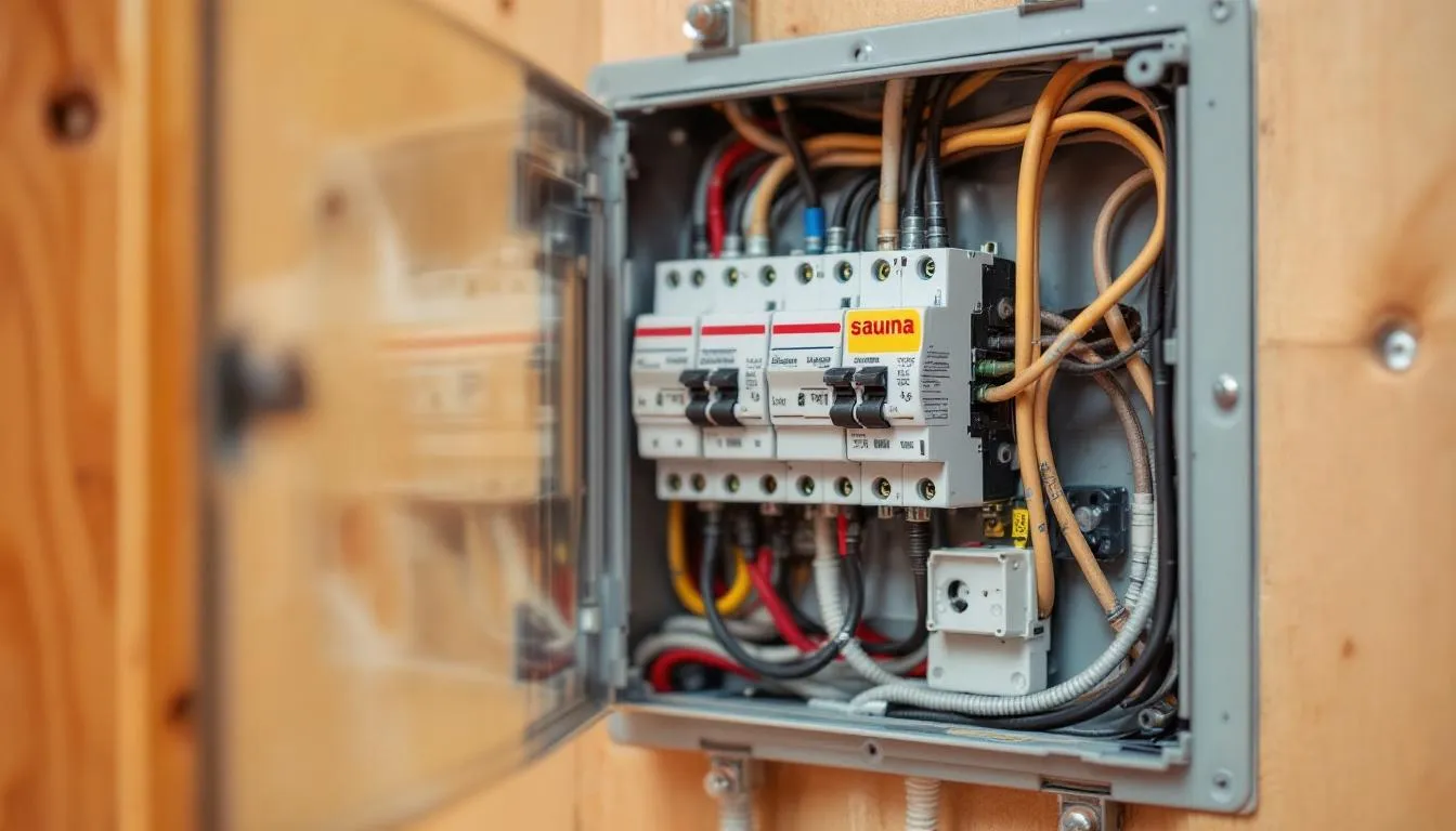 The image shows an electrical panel with various circuit breakers, designed for the installation of electric saunas, including traditional electric and infrared saunas. This setup ensures precise temperature control and safe operation for different types of saunas, enhancing the overall sauna experience.