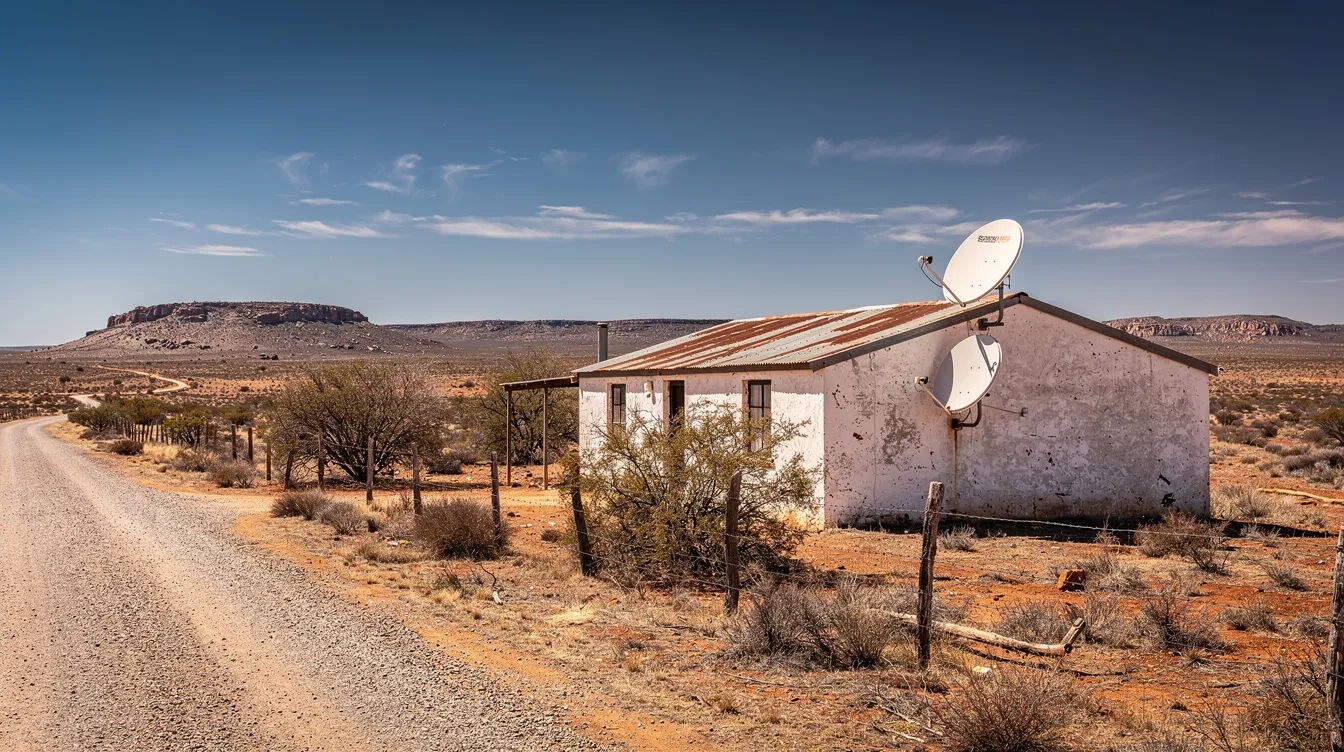The image depicts a rural farmhouse set against the expansive Karoo terrain, featuring a satellite dish prominently installed on the roof, indicative of a professional DSTV installation. This scene highlights the local DSTV installation services available in Oudtshoorn, showcasing the connection between modern technology and the serene countryside.