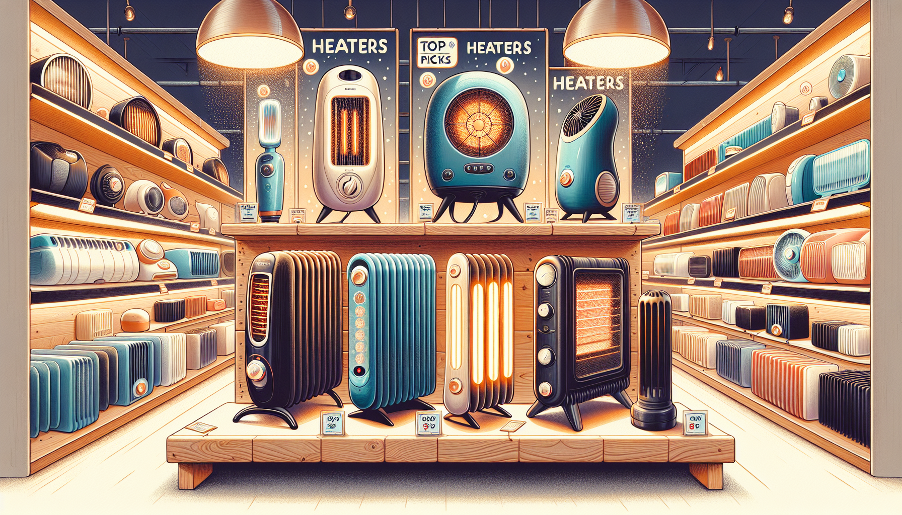 An illustration of top picks for electric heaters displayed in a store.