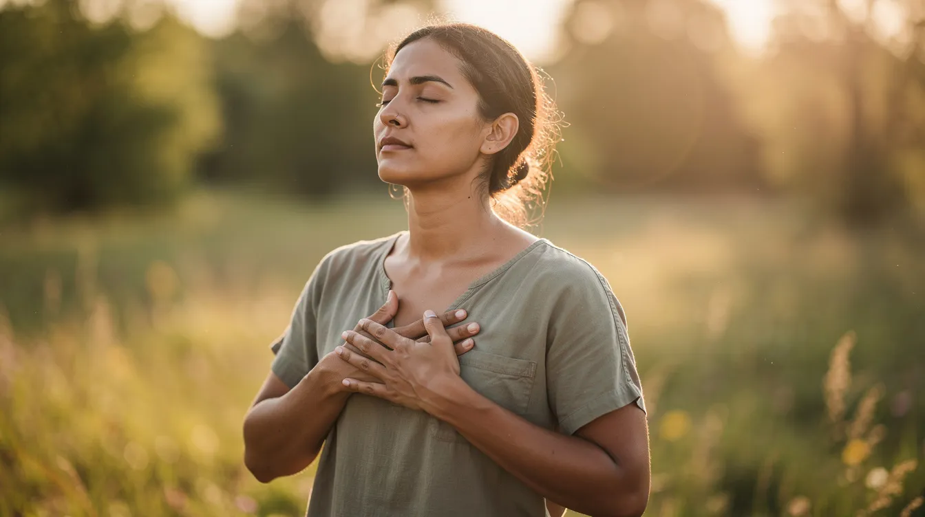 A person is practicing breathwork outdoors, surrounded by natural light, with their eyes closed and hands resting gently on their chest. This serene moment emphasizes the importance of mental health and managing stress, particularly in the context of navigating burnout and emotional exhaustion.