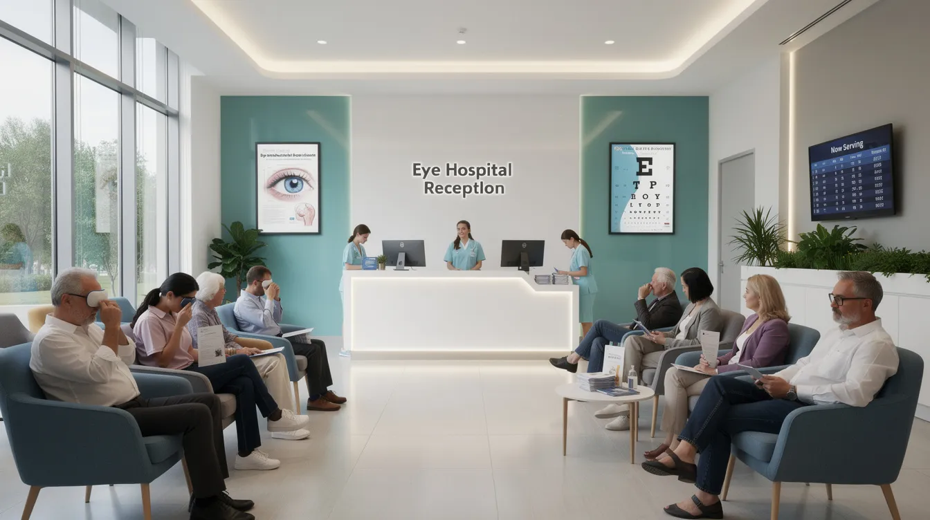 The image depicts a modern eye hospital reception area, featuring a well-lit waiting space filled with patients awaiting comprehensive eye care services. The environment reflects a commitment to quality care and efficient operations, essential for addressing eye health issues such as cataract removal and corneal blindness.