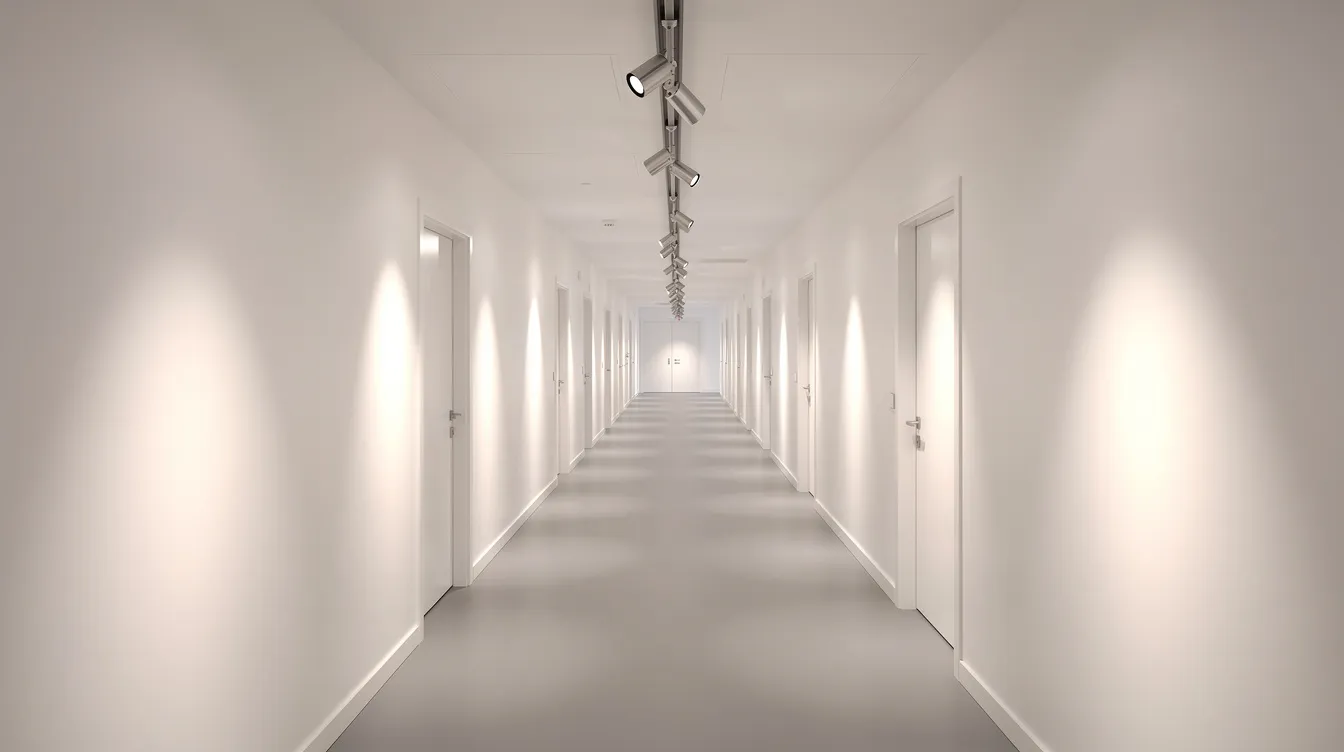 En lång korridor med takskena som har riktbara spotlights, vilket ger en modern belysning och möjlighet att skapa rätt ljus i hallen. Taklampan i hallen bidrar till en stilren känsla och fungerar som en praktisk lösning för att hitta rätt belysning i rummet.