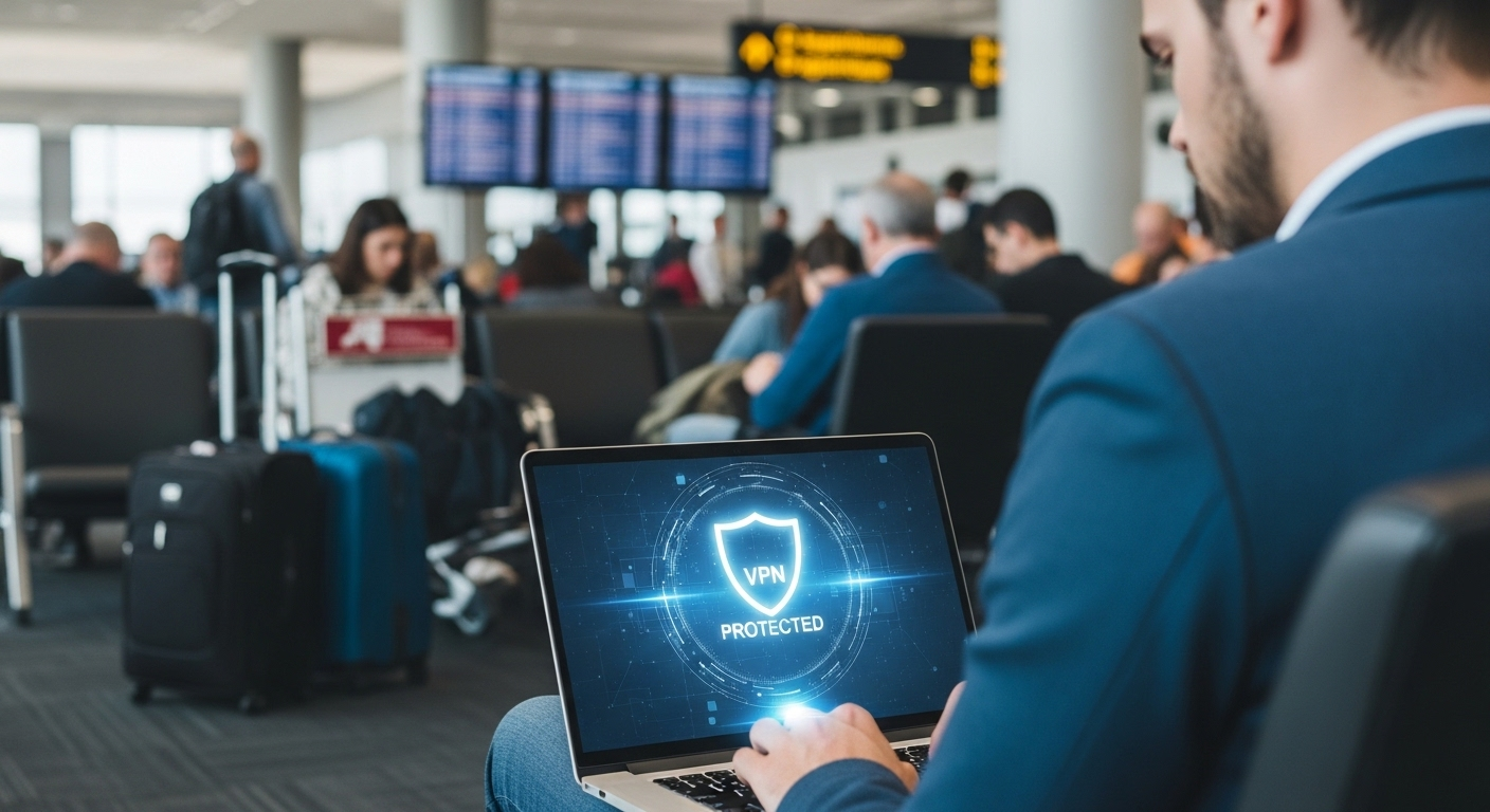 Remote worker using laptop in airport with VPN protection shielding sensitive data from cyber threats.