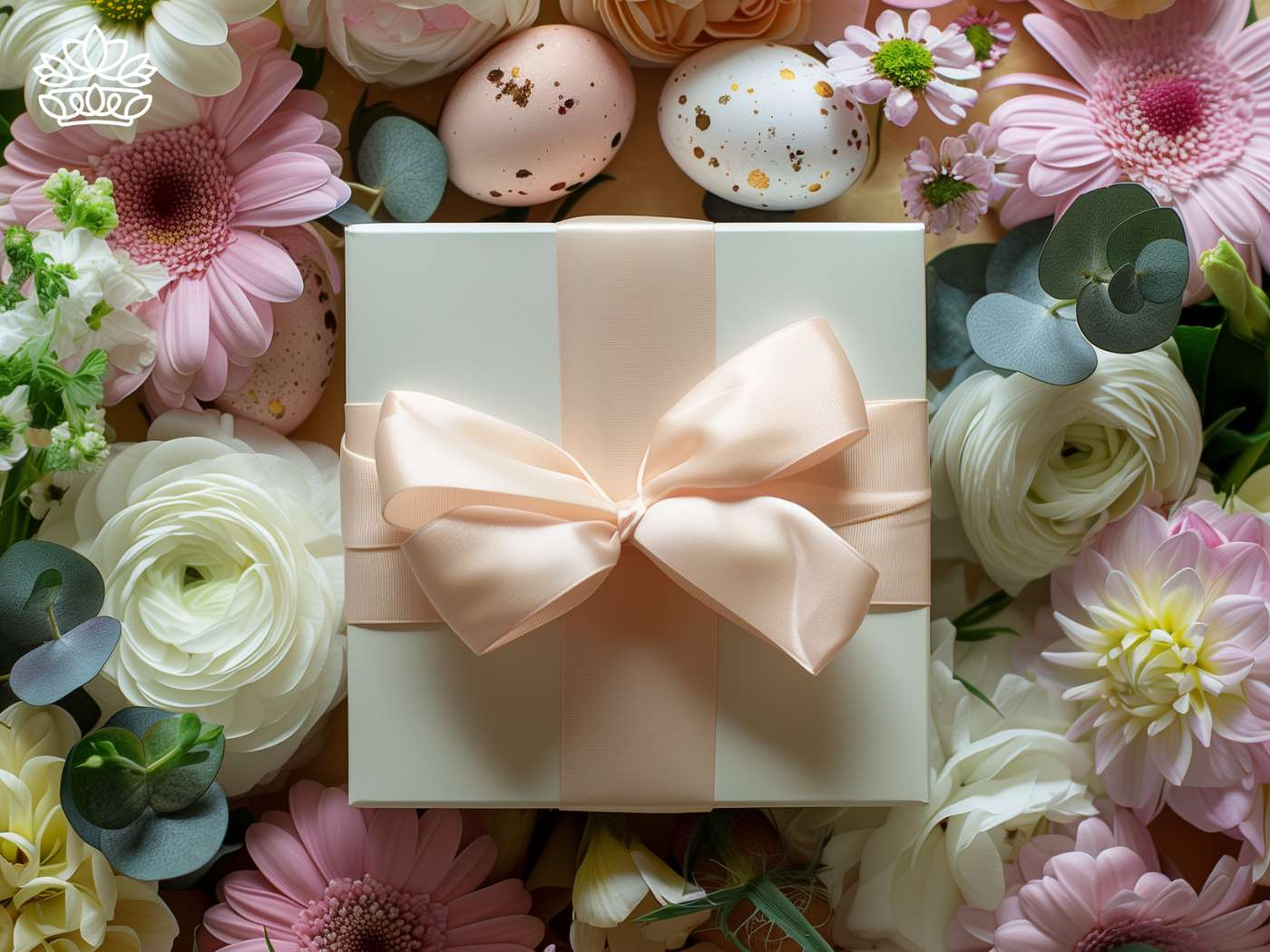 Elegant gift box with peach ribbon surrounded by a colorful assortment of flowers and decorative Easter eggs, a part of the crafty and vibrant Easter Collection by Fabulous Flowers and Gifts.