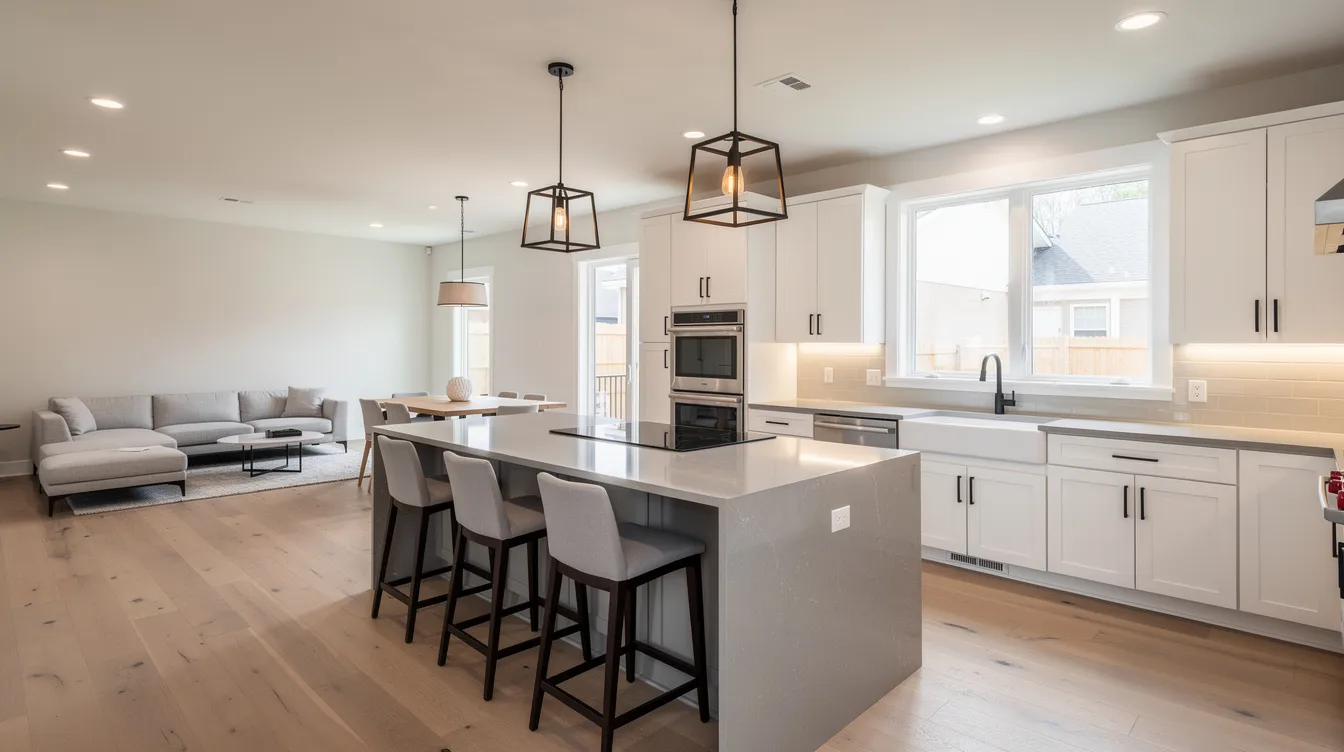 Spacious interior of an investment property featuring a modern kitchen renovation with sleek cabinetry and contemporary appliances