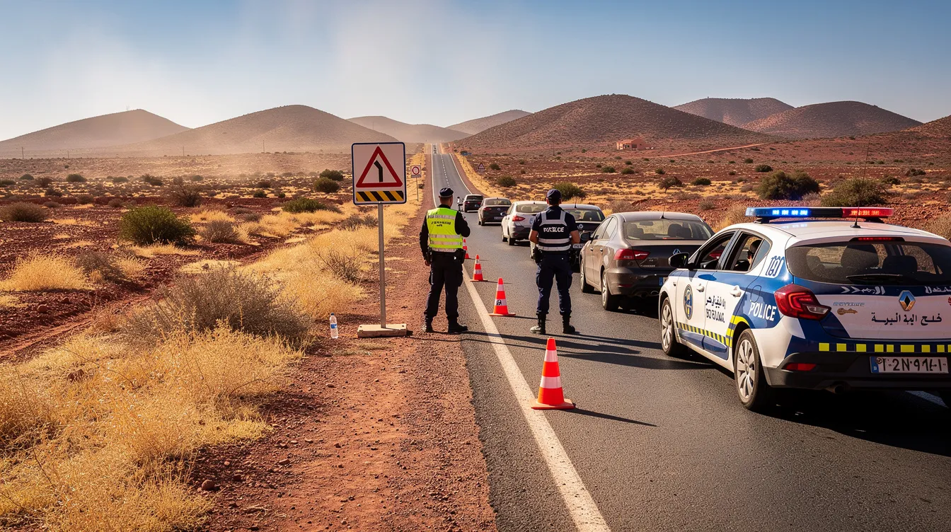 Un control de carretera en Marruecos se sitúa en un paisaje semiárido, rodeado de montañas bajas. Este escenario es típico para quienes alquilan un coche y desean explorar las diversas ciudades y paisajes del país, como Tánger y Marrakech.
