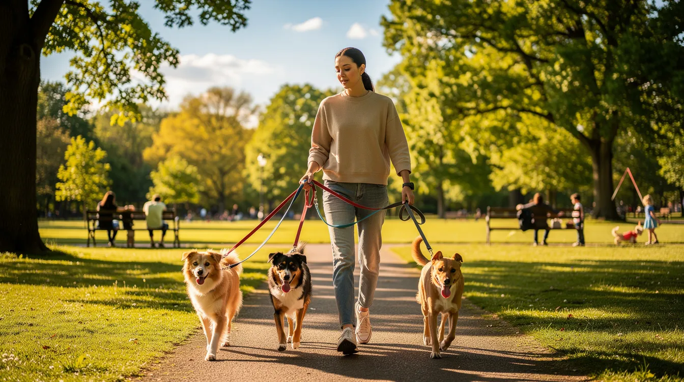 A person is walking three dogs on leashes through a sunny park, enjoying the outdoors. This scene highlights the potential of dog walking as a side hustle or small business idea for those looking to generate extra income and maintain a flexible schedule.