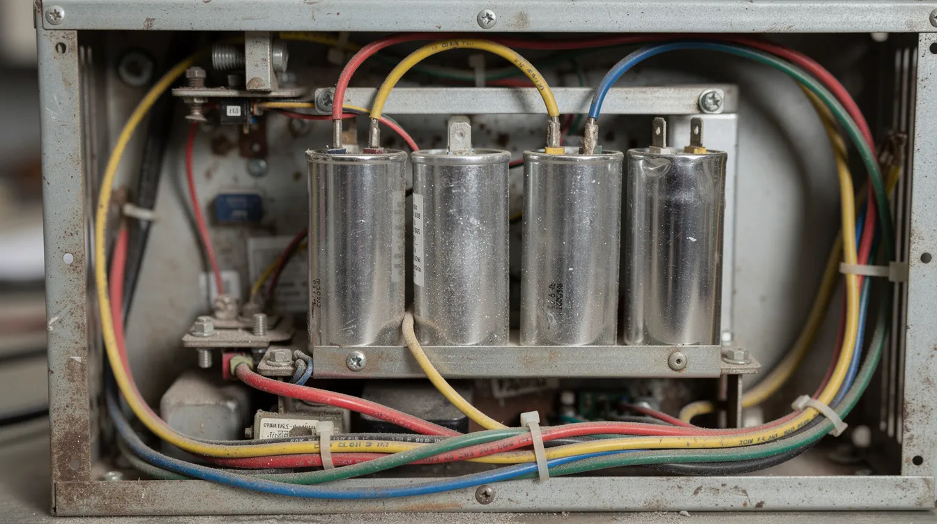 A close-up view of cylindrical capacitors and colorful wires reveals the intricate electrical components inside an air conditioning unit, showcasing part of the entire AC unit's control board. This detailed image highlights the essential elements that contribute to the system's ability to blow cool air, essential for RV air conditioners during warm weather.