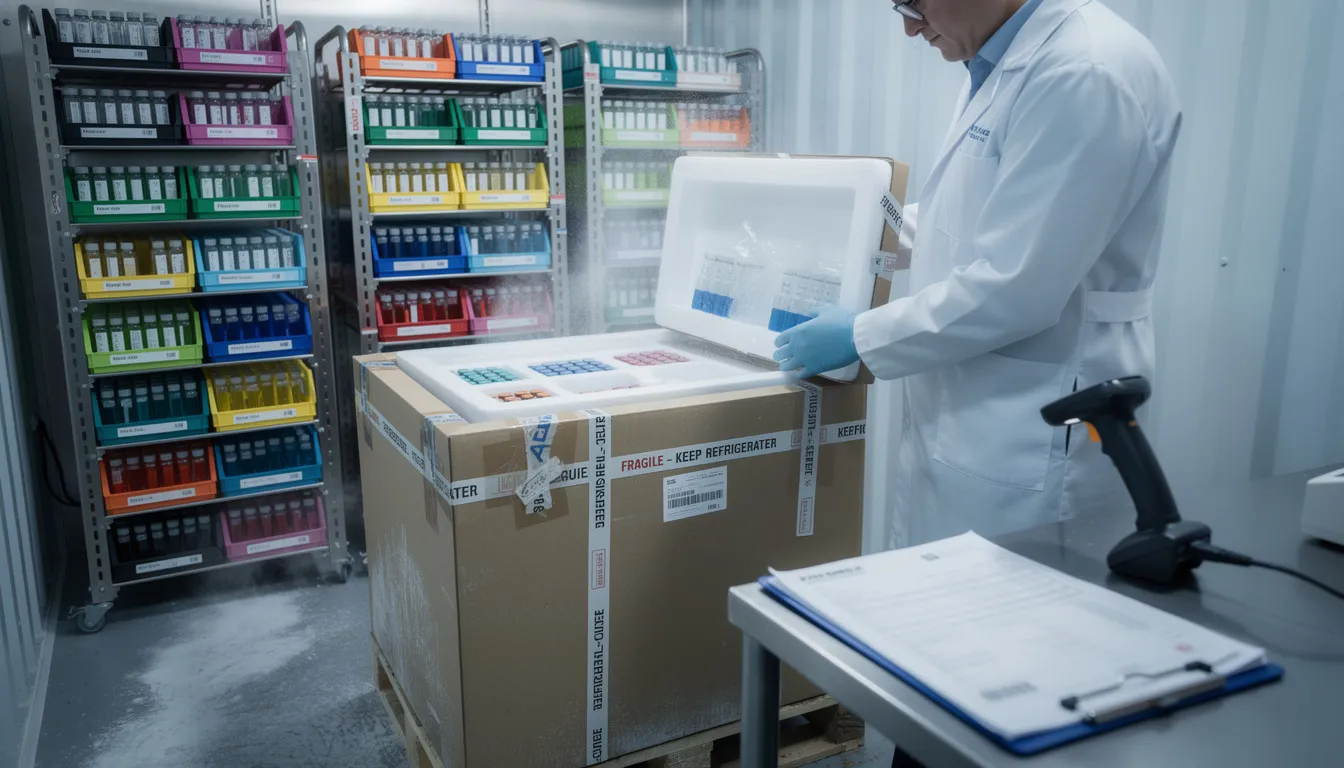 The image depicts a secure shipping container filled with laboratory peptide samples, ready for dispatch. These samples, produced in a chemical compounding facility, represent the highest quality peptides intended for research and development in various fields, including the treatment of diseases.