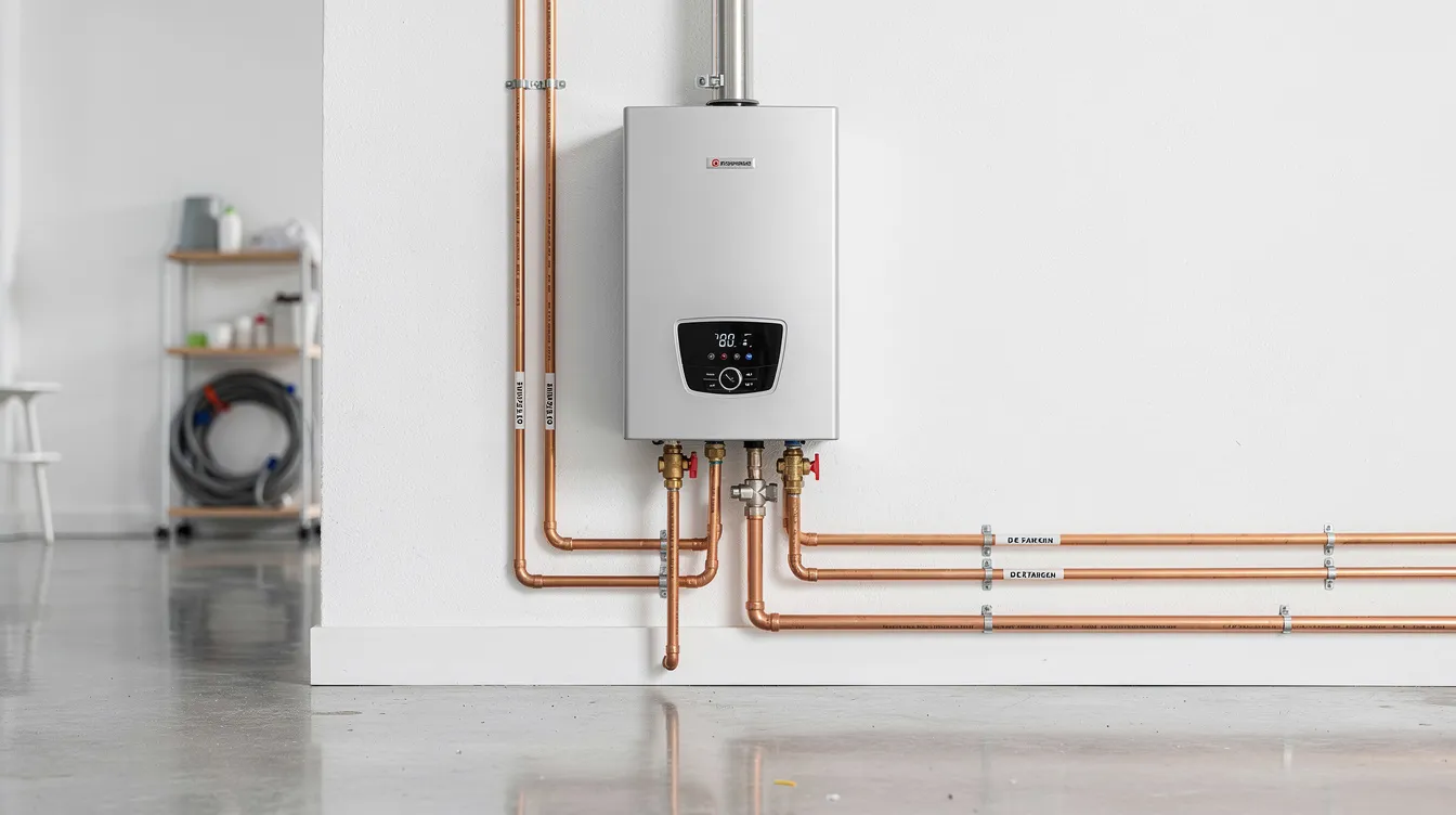The image shows a compact tankless water heater mounted on a wall in a clean utility area, showcasing the modern design of tankless units that heat water on demand, providing an efficient alternative to traditional tank water heaters. This setup highlights the potential for lower utility bills and better space utilization in homes.