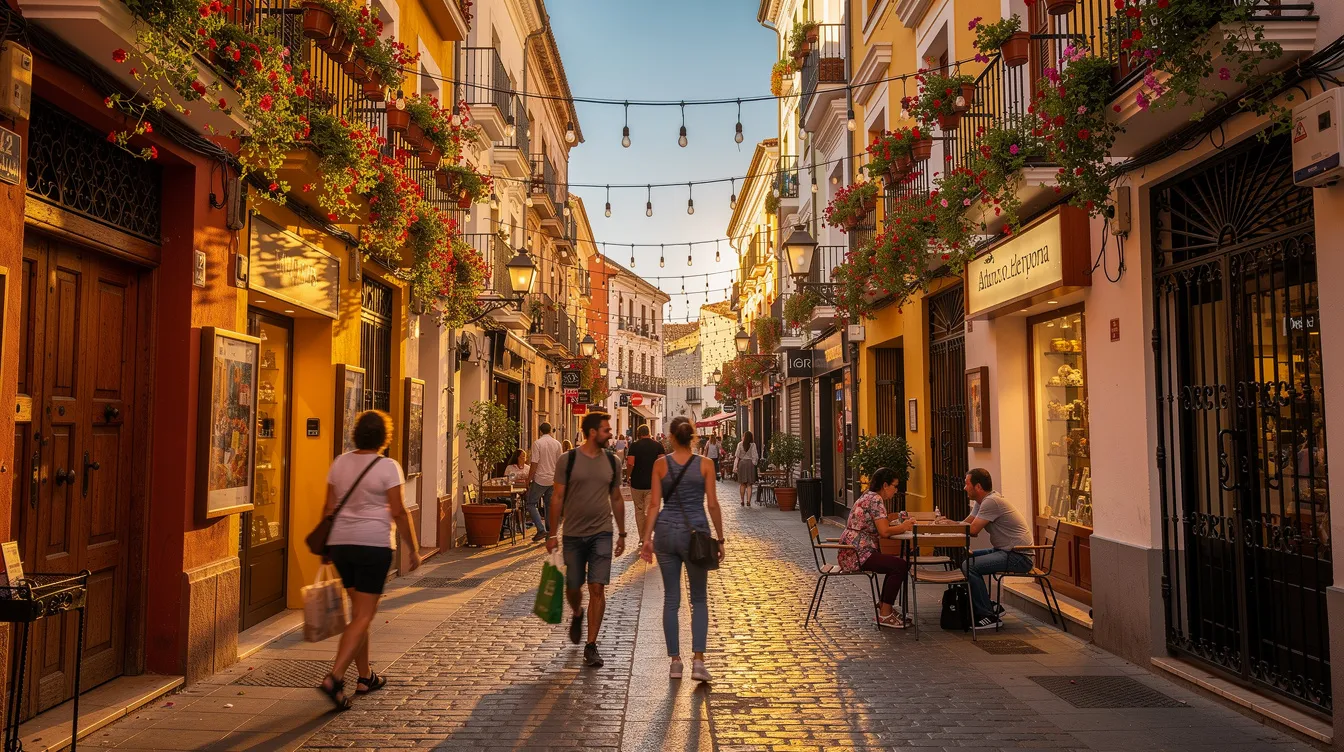 A lively street scene in a Spanish city neighborhood features people strolling past colorful storefronts adorned with hanging flower pots. The atmosphere reflects a sense of community and societal acceptance, highlighting the vibrant culture and diversity of the lgbtiq community in Spain.