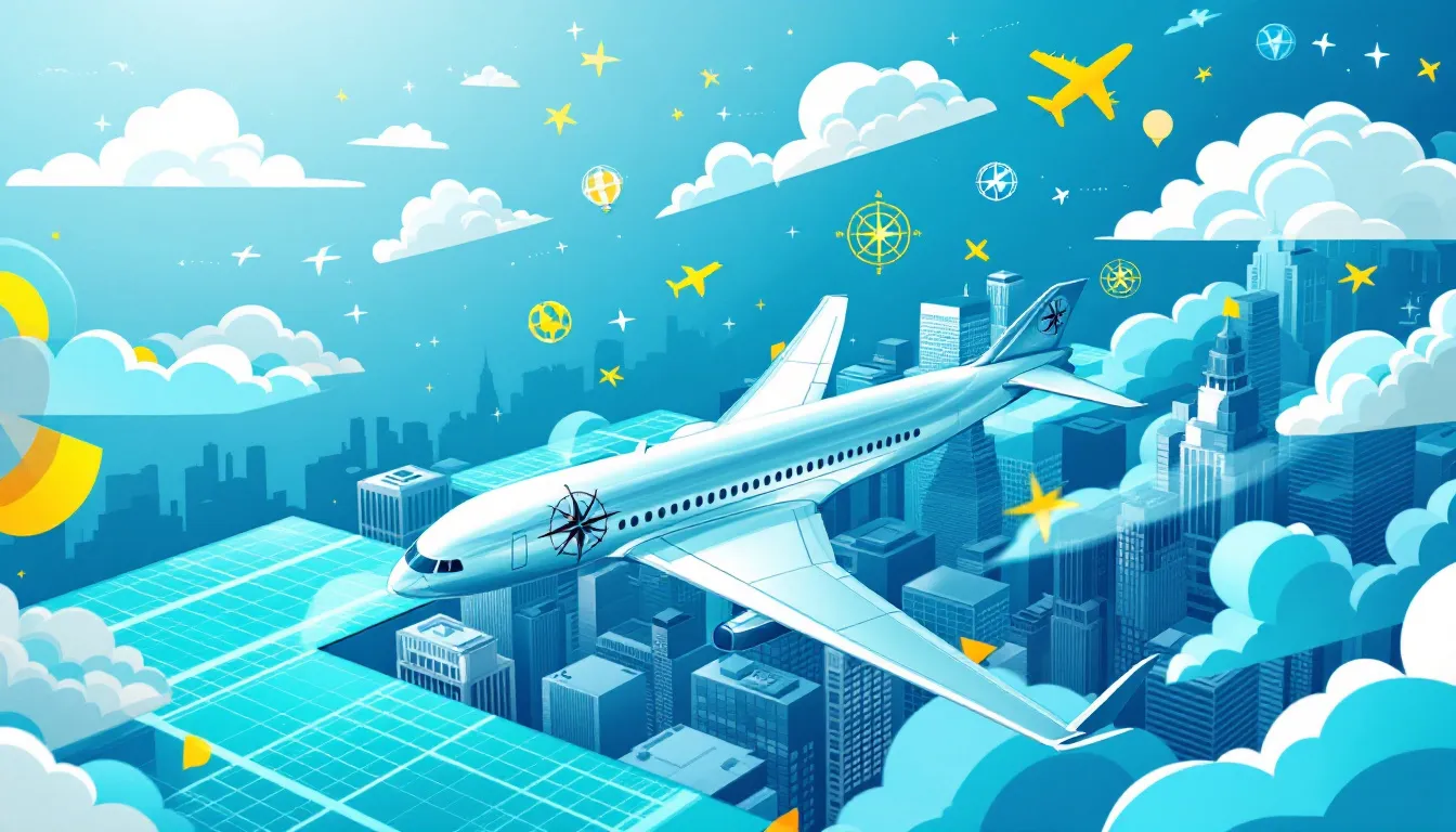 Ein Flugzeug, das über eine Stadt fliegt, während Passagiere Meilen sammeln.