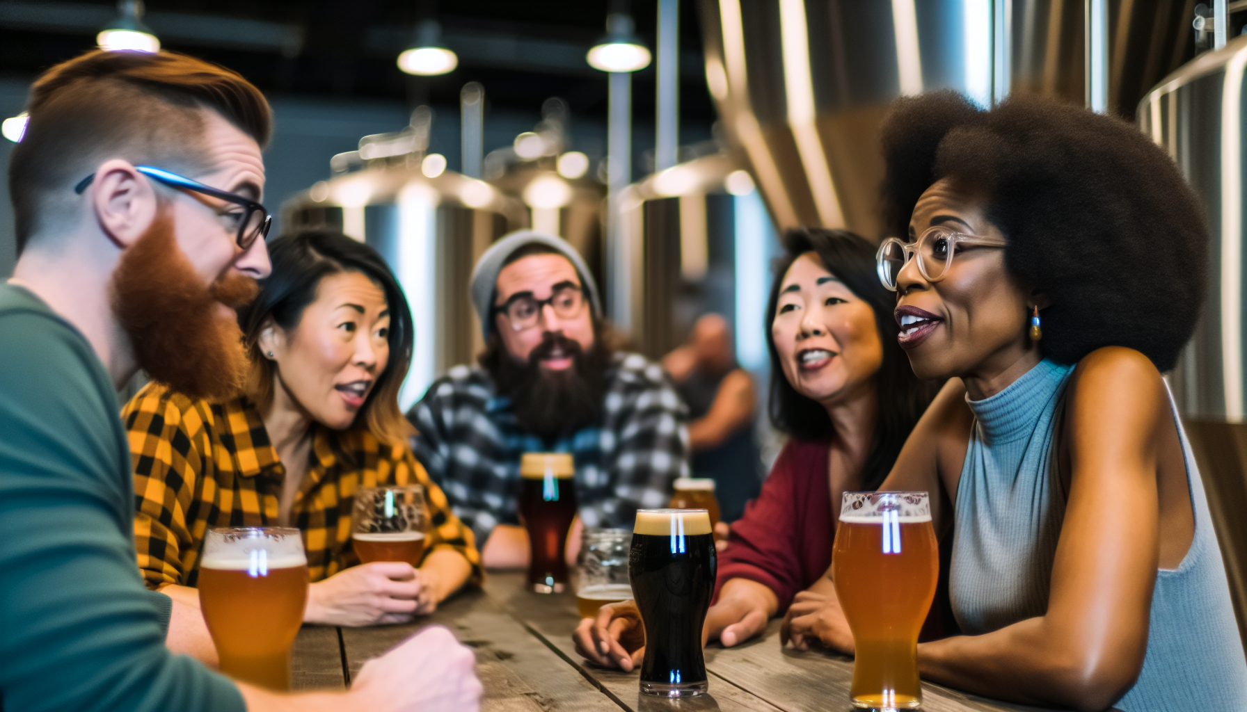 A group of friends enjoying craft beer at a brewery in New Hampshire