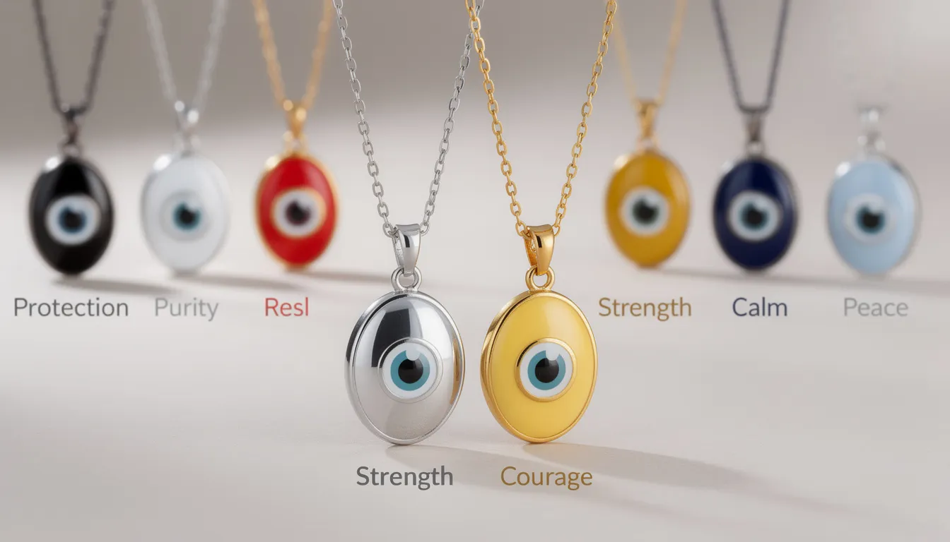The image features a stunning collection of evil eye necklaces in both silver and gold finishes, each designed to symbolize protection and enhance the spirit. The necklaces are adorned with various colors, each representing different meanings, such as black for power and white for purity, making it easy to find a piece that resonates personally.