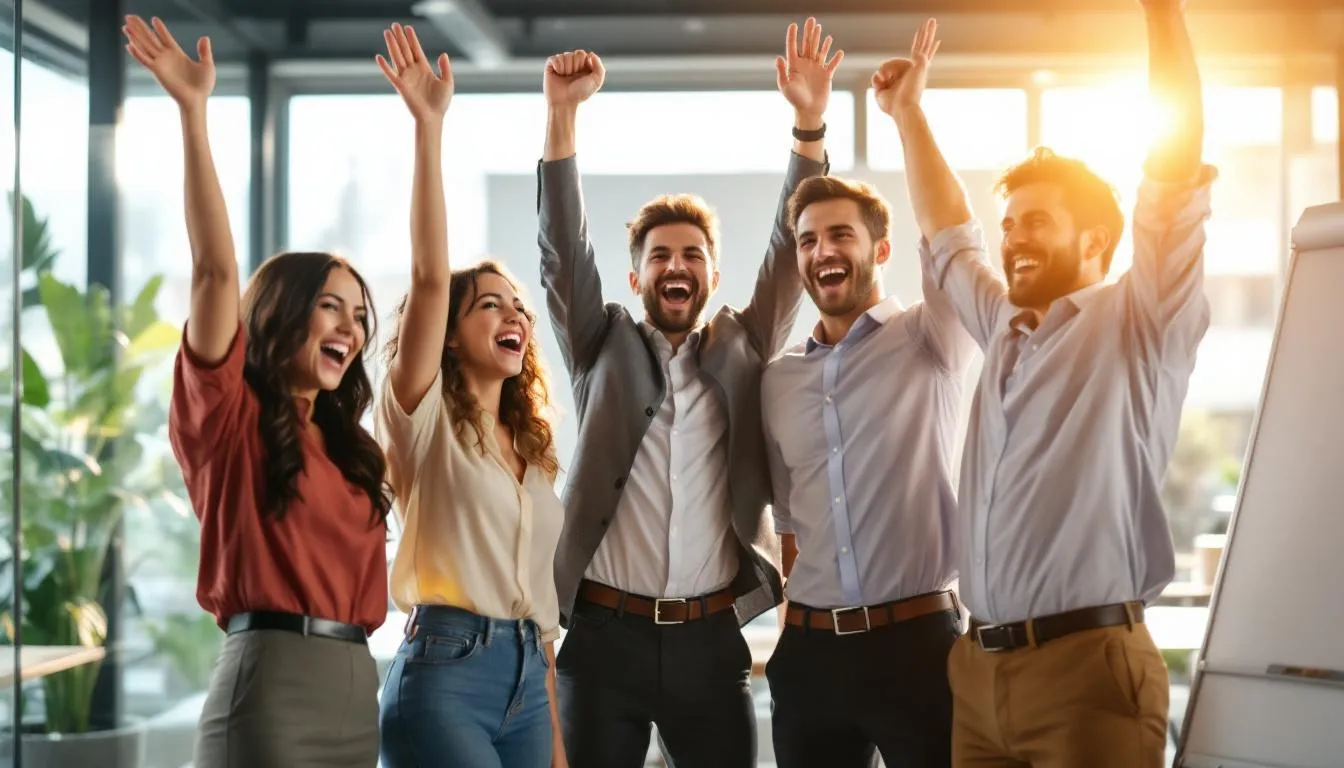 A team of business professionals is joyfully celebrating their recent success in social media marketing, showcasing their achievements in enhancing their LinkedIn presence. They are surrounded by charts and graphs that reflect high engagement and meaningful connections, highlighting the impact of their LinkedIn posts and strategies on their professional growth.