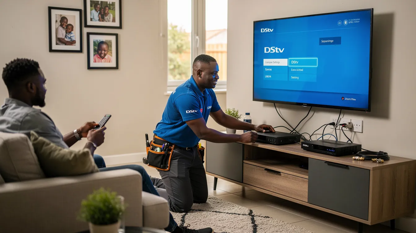 A DStv technician is seen configuring a DStv Explora decoder and setting up an Extra View system in a cozy living room, surrounded by a satellite dish and various entertainment devices. The technician, a qualified DStv installer, is focused on providing professional DStv installation services to ensure optimal viewing for the family.