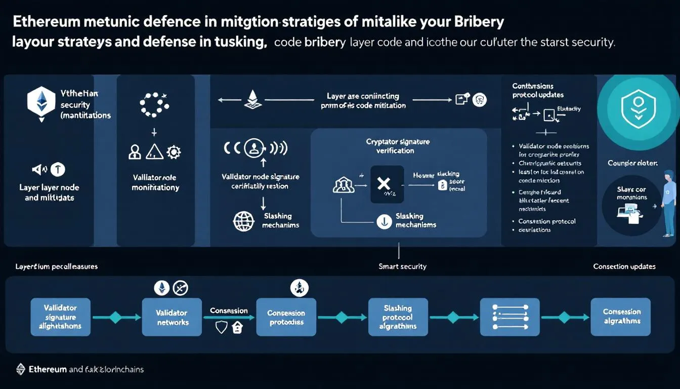 The image depicts a diagram illustrating various mitigation strategies and technical countermeasures that Ethereum and other proof-of-stake (PoS) blockchains can implement to resist bribery in smart contract code. It highlights the importance of identifying potential vulnerabilities within the blockchain ecosystem and emphasizes the role of blockchain security in protecting digital assets from malicious actors and ensuring the integrity of financial transactions.