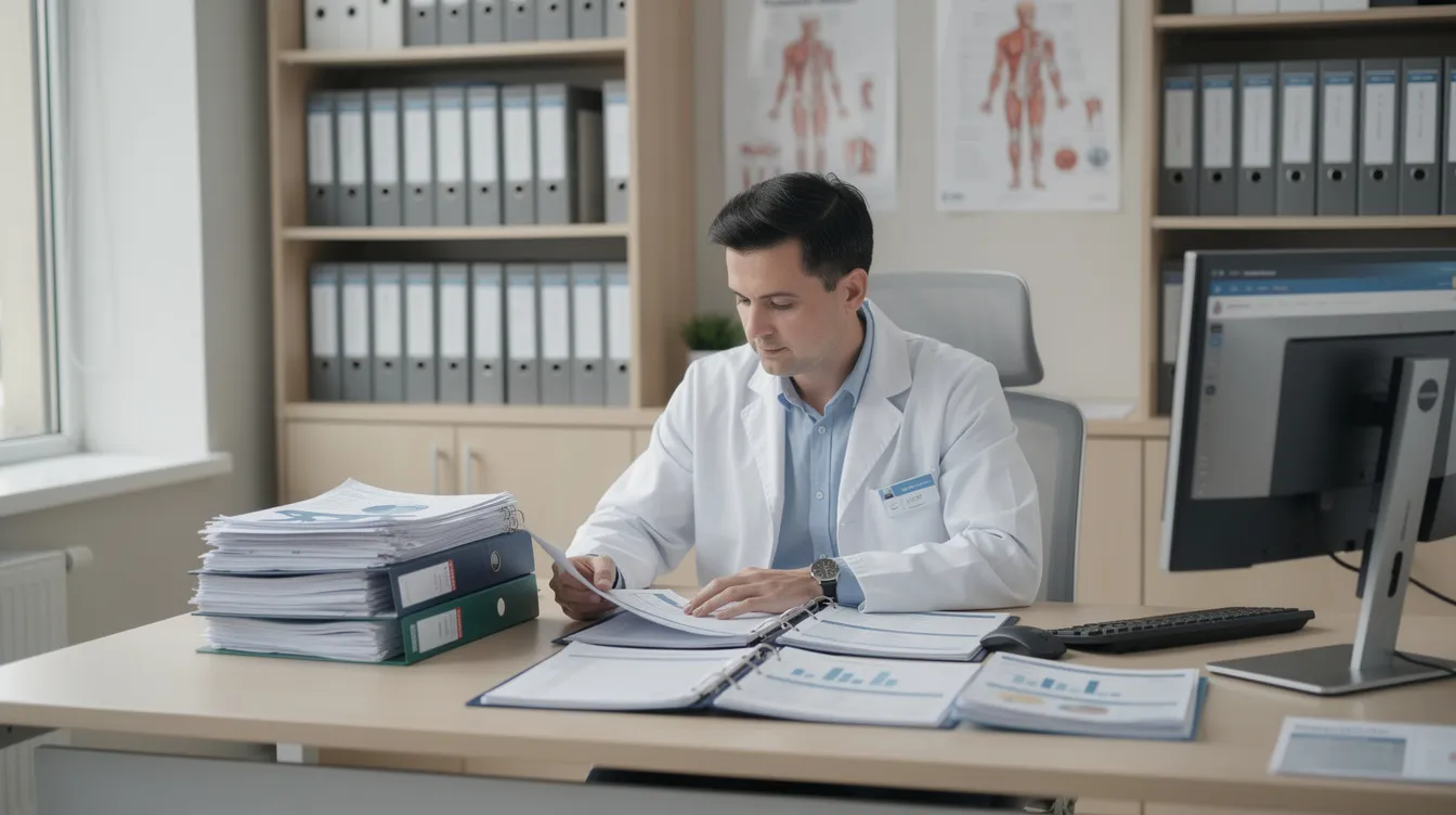 The image depicts a doctor seated at a desk in a medical office, intently reviewing patient files and medical records. This scene highlights the importance of medical evidence in the social security disability claims process, which can significantly impact the outcomes of appeals and decisions made by administrative law judges.
