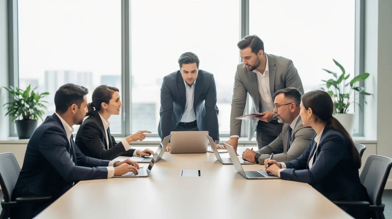 In der Abbildung sind Geschäftsleute zu sehen, die gemeinsam an einem modernen Arbeitsplatz mit Laptops arbeiten. Sie nutzen KI-Tools und Technologien, um ihre Effizienz und Produktivität zu steigern und dabei aktuelle Lösungen für Unternehmen zu entwickeln.