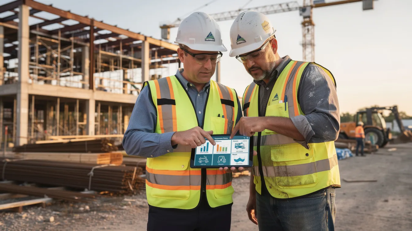 Project leaders reviewing equipment data on a tablet at a construction site.