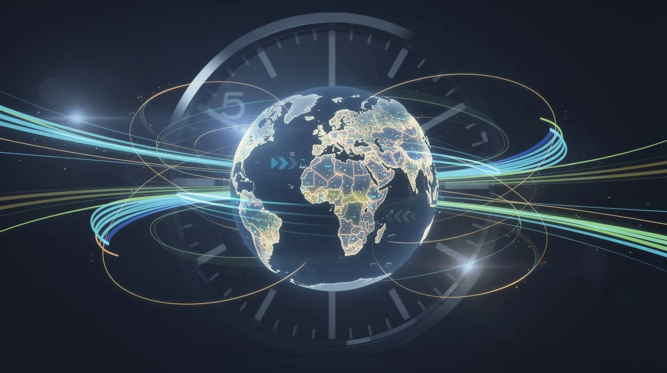 The image features a globe interconnected with lines symbolizing fast international money transfers, set against a backdrop of a clock, emphasizing the speed of services like Wise and Torfx. This visual represents the efficiency of international money transfer services, highlighting aspects such as transfer speed and transparent fees for sending money across borders.