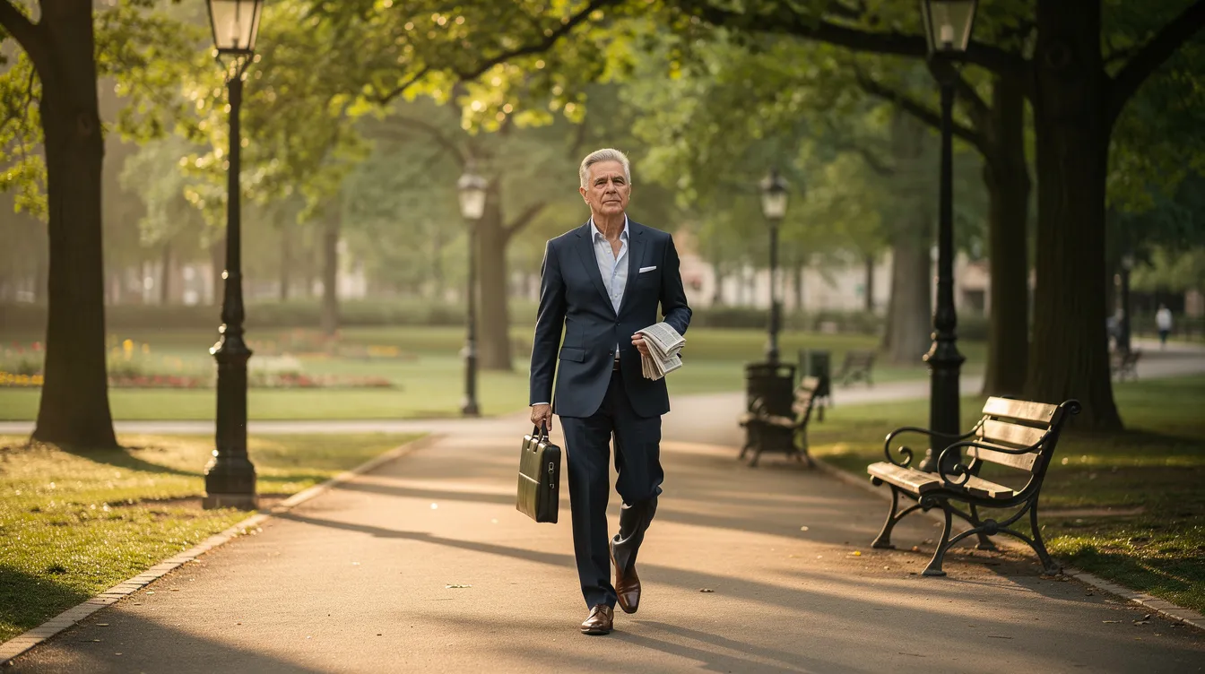 An older professional strolls through a serene park, reflecting on their retirement goals and the importance of planning for future expenses, such as health care costs and living expenses. The peaceful environment provides a moment of contemplation about their retirement savings and investment strategies.