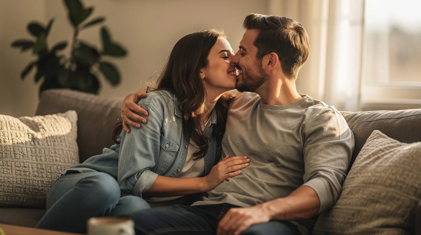 A happy couple shares an intimate kiss while sitting on a cozy couch, embodying emotional closeness and connection. Their joyful expression reflects a healthy relationship built on emotional availability and mutual understanding.