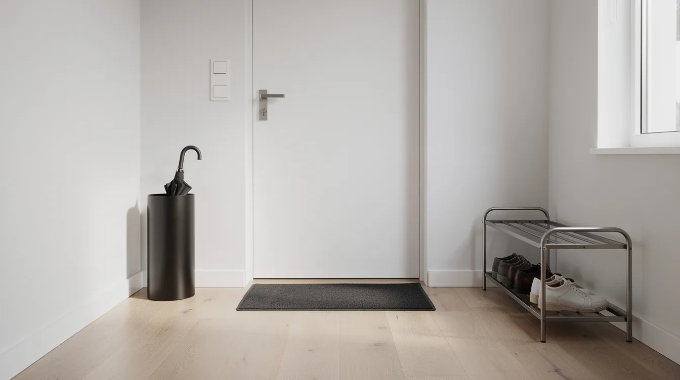 En modern hallmiljö med ett stiligt paraplyställ i svart metall står bredvid en ytterdörr, och ett skoställ finns på golvet. Här erbjuds en praktisk och ordnad plats för både paraplyer och skor, vilket gör att inredningen passar bra i hemmet.