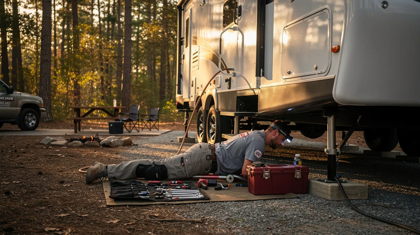 A mobile RV repair technician is working underneath a travel trailer at a wooded campsite, using tools to diagnose and fix potential issues. This scene highlights the importance of mobile RV repair services for RV owners seeking emergency repairs and routine maintenance in natural settings.