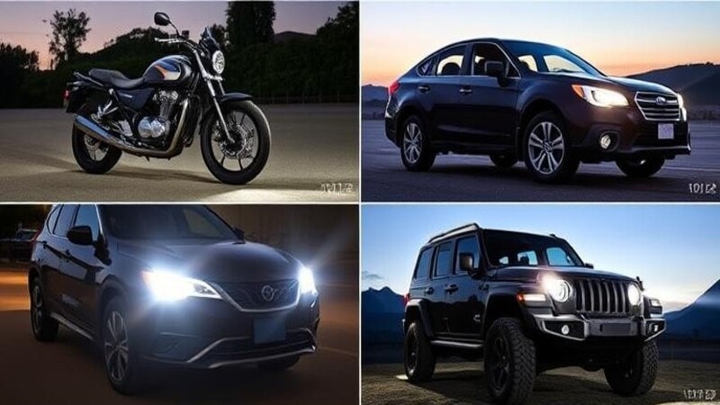 Vehicles with H1 LED headlight bulbs, including motorcycle, car, and SUV.