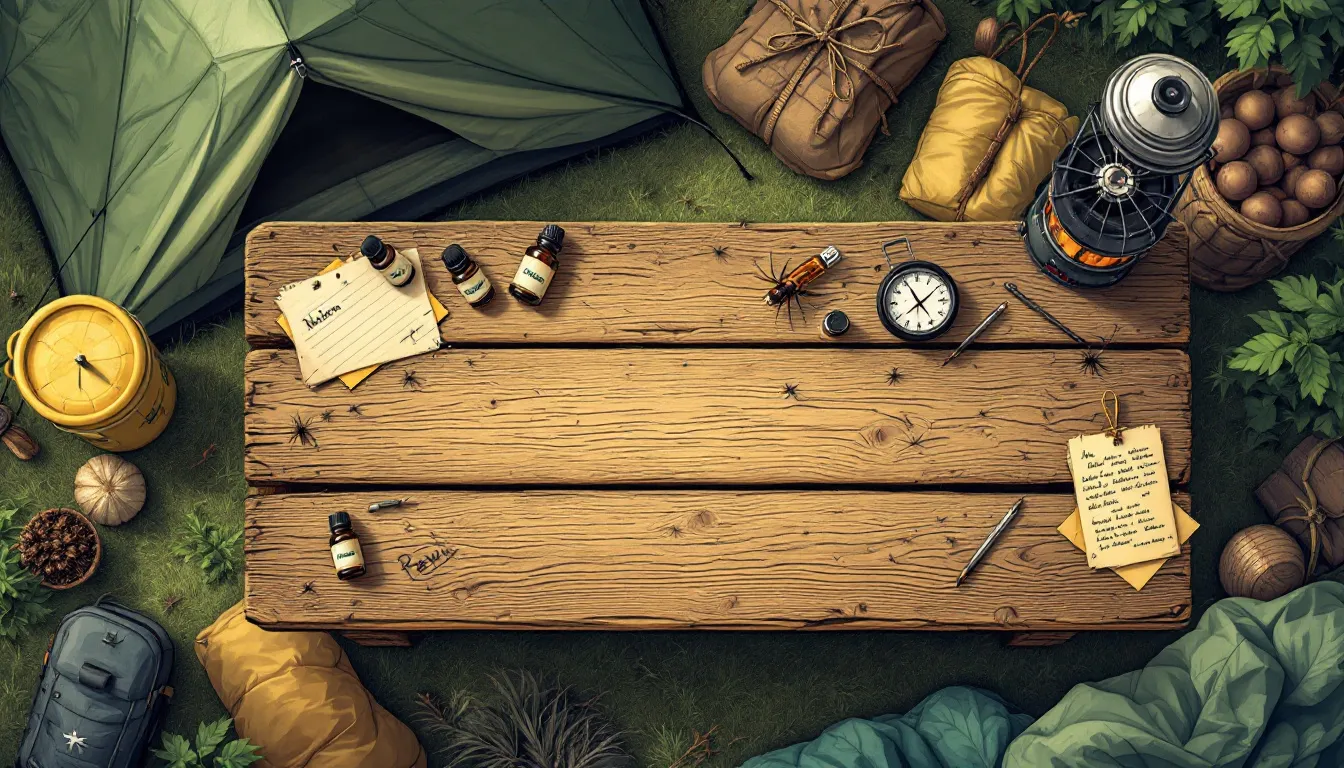 Natural repellents like essential oils displayed on a camping table.