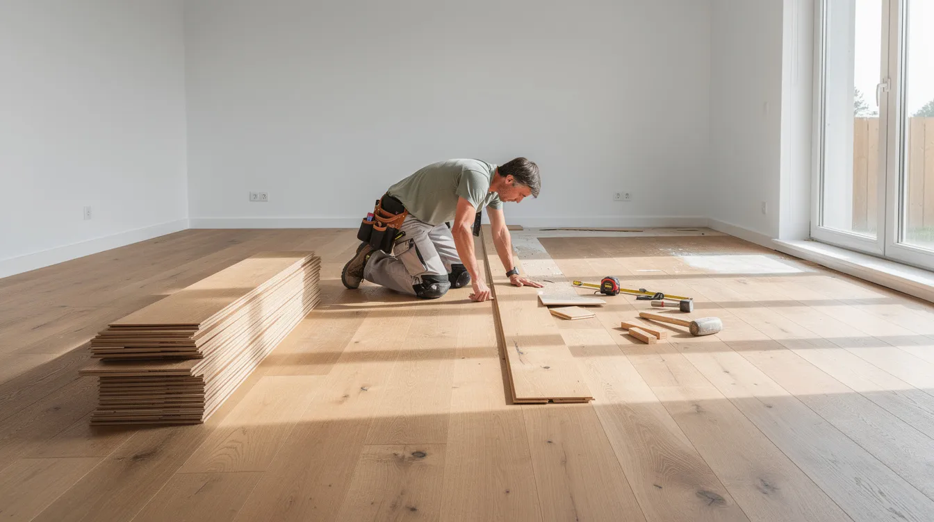 A contractor is seen installing hardwood flooring in a bright, empty room, showcasing the renovation process essential for house flipping. This project highlights the importance of quality work in increasing the property's value and appeal to potential buyers in the current market.