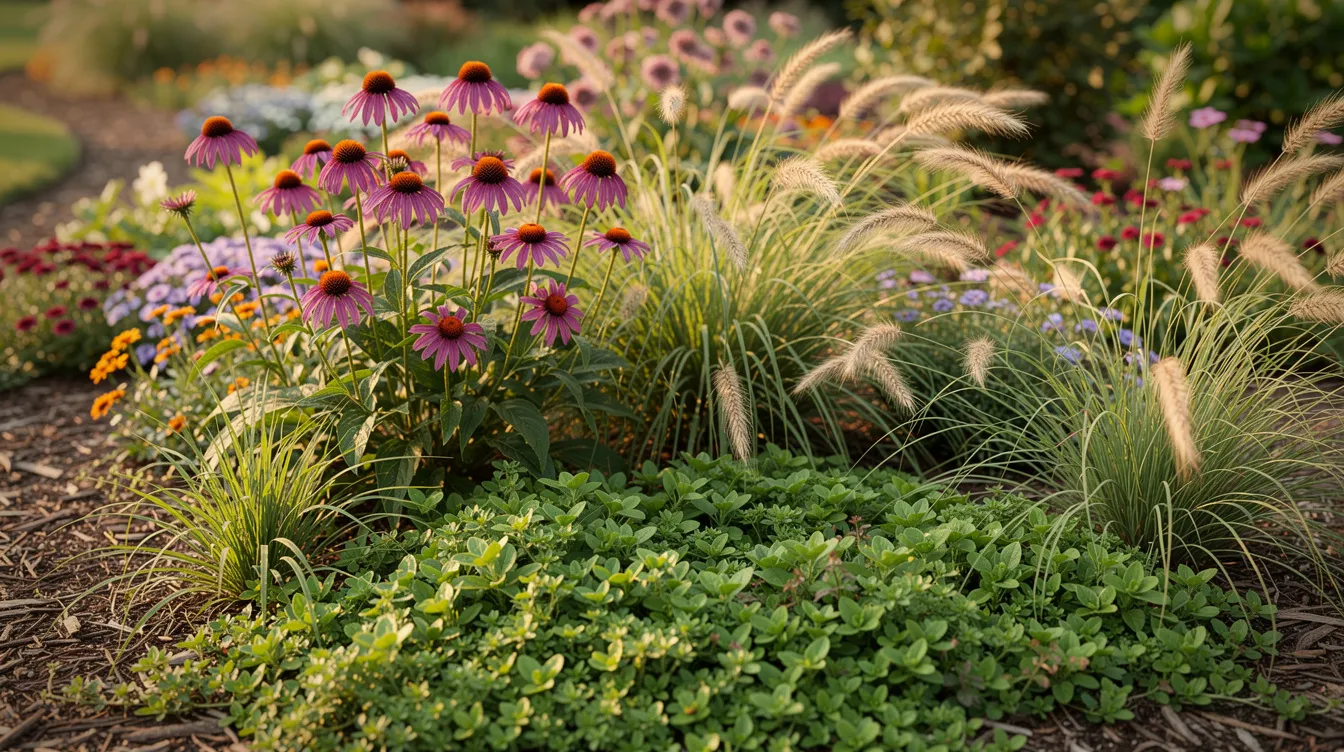 The image showcases a vibrant flower bed filled with purple coneflowers, ornamental grasses, and creeping groundcover, creating a beautiful focal point in the outdoor space. This colorful landscaping project enhances the curb appeal and visual interest of the property, inviting homeowners to enjoy their garden.