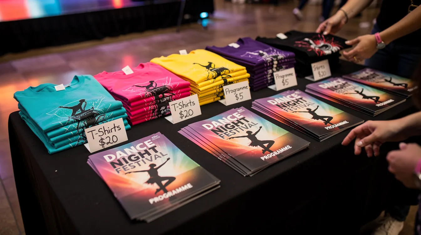 The image shows a vibrant merchandise table at a dance event, featuring an array of colorful t-shirts and printed programs, inviting attendees to engage with the event's offerings. This setup is essential for event planning, enhancing the overall experience for participants and reflecting the lively atmosphere of the actual event.