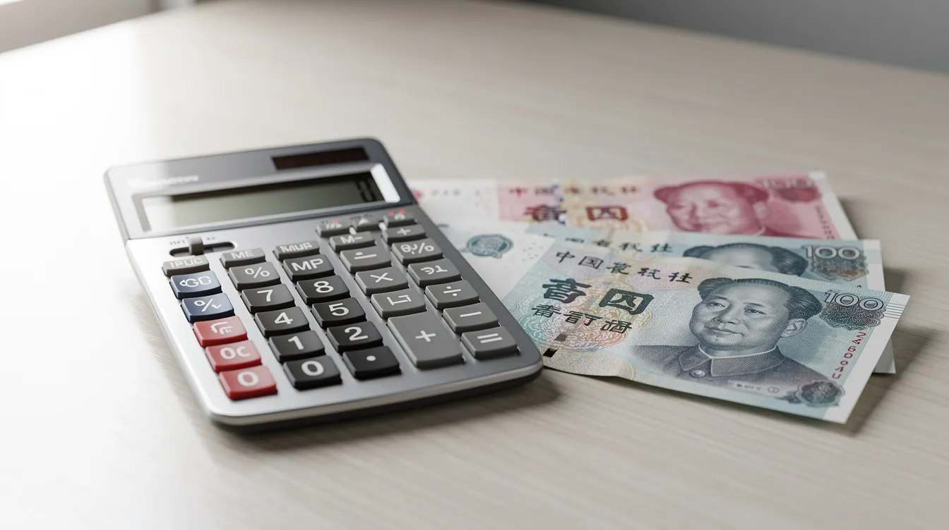 The image features a calculator placed next to a stack of Hong Kong dollar banknotes on a tidy desk, symbolizing financial calculations related to loans. This setup may evoke themes of low-interest loans and repayment terms, relevant for professionals like civil servants and other licensed individuals.
