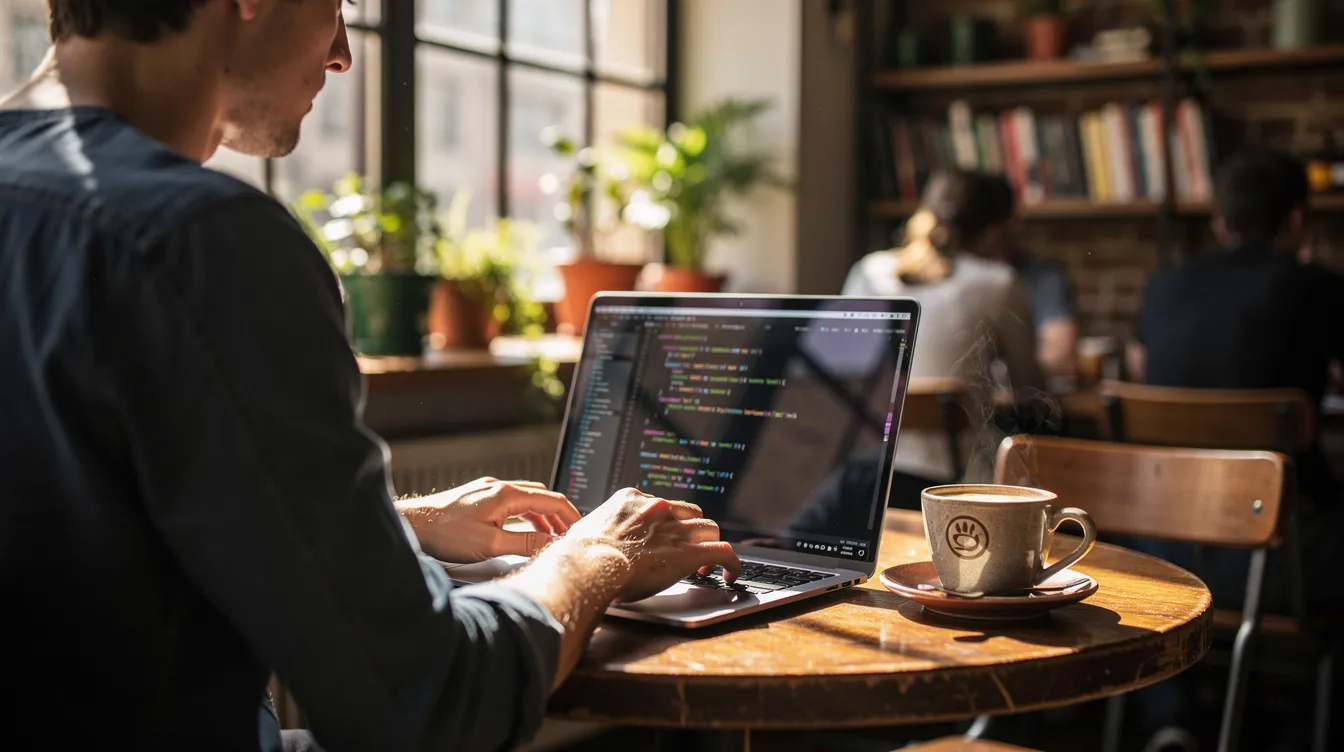 A person is seated at a cafe table, focused on coding on their laptop, with a coffee cup beside them. The scene captures the essence of software development in a relaxed environment, showcasing the blend of creativity and technology as they work on web apps or software creation.